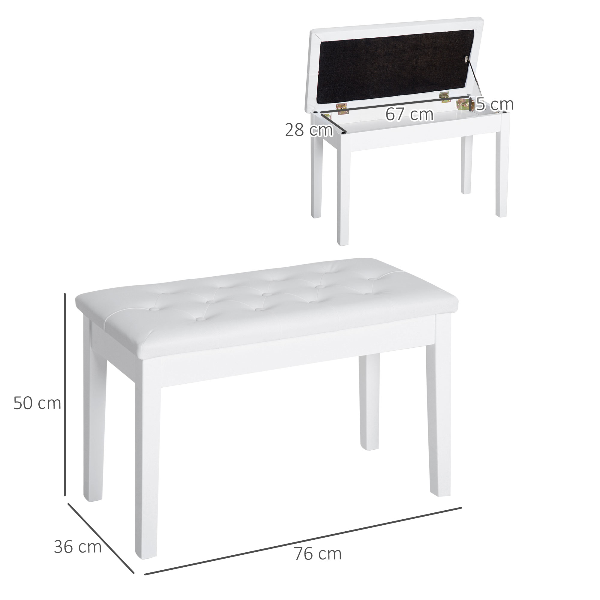 Pianino suoliukas su paslėpta daiktadėže, baltas, 76 x 36 x 50 cm - Image 3
