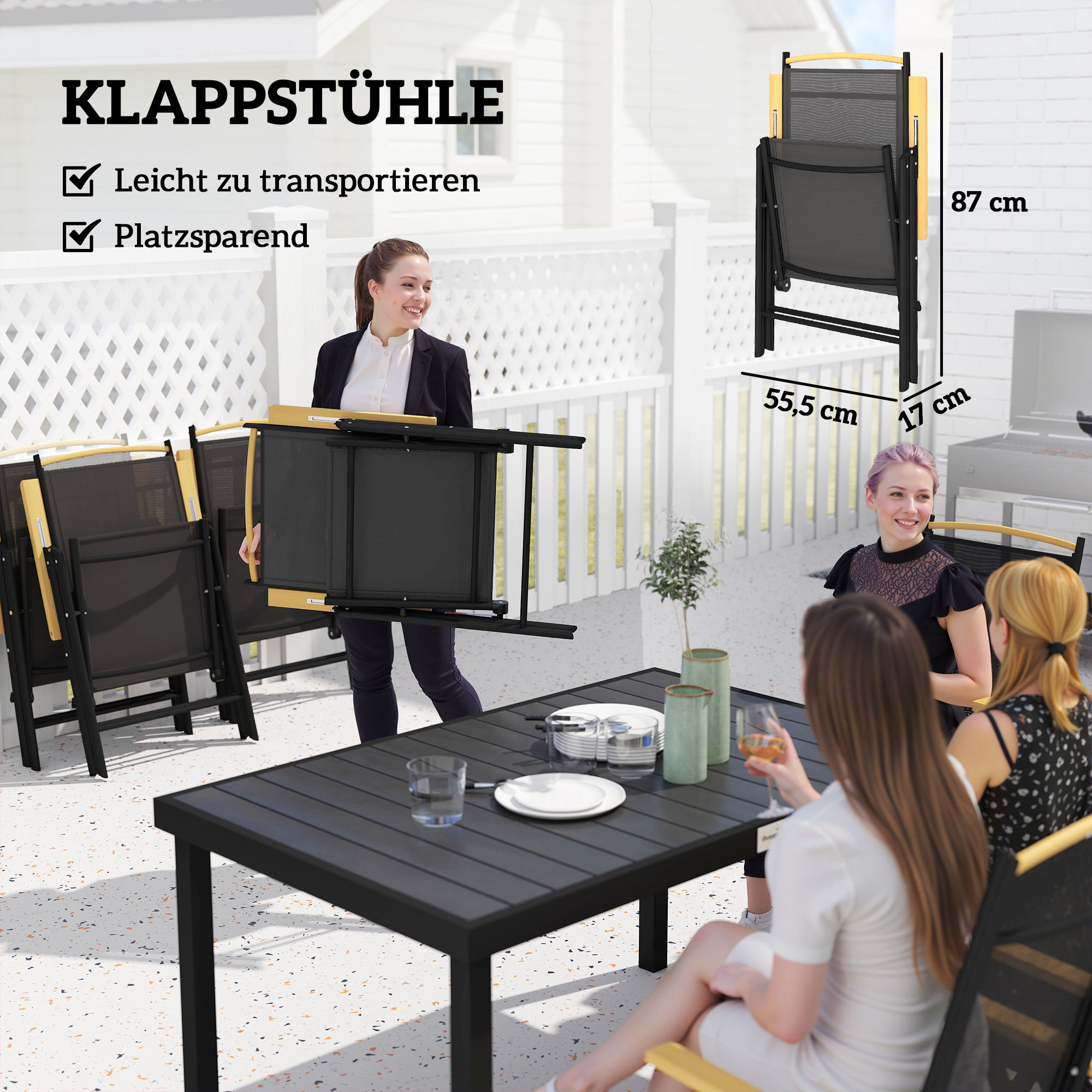 Taitettava puutarhan ruokailuryhmä 6 hengelle, musta, alumiini, 1 pöytä + 6 tuolia - Image 5