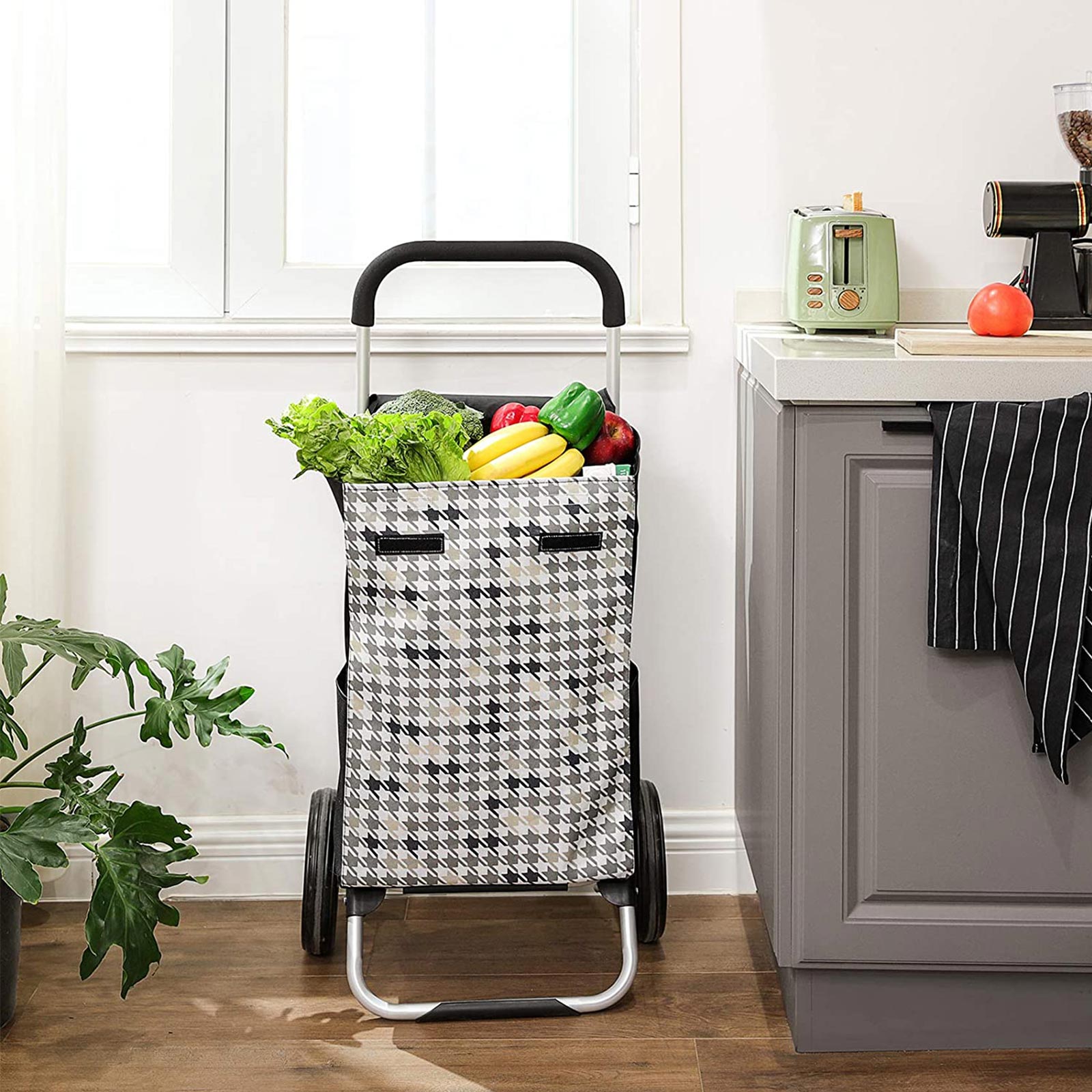 Pirkinių vežimėlis su ratukais, 40 l, 47 x 33 x 97 cm, juodas, eglutės rašto - Image 3
