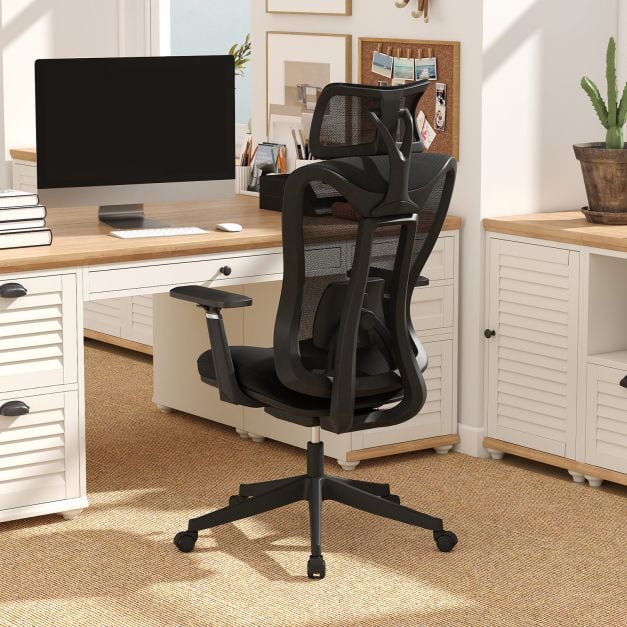 Ergonomiška tinklinė biuro kėdė su aukštu atlošu ir reguliuojama juosmens atrama, juoda - Image 2