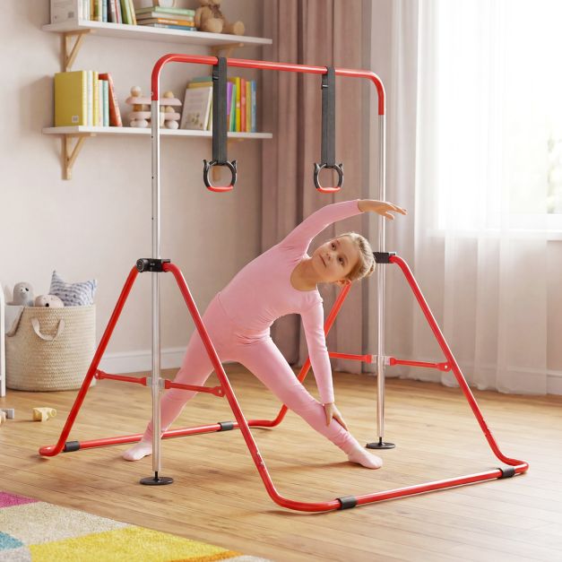 Vaikų sulankstoma gimnastikos juosta su 4 aukščio lygiais ir žiedais, raudona - Image 3