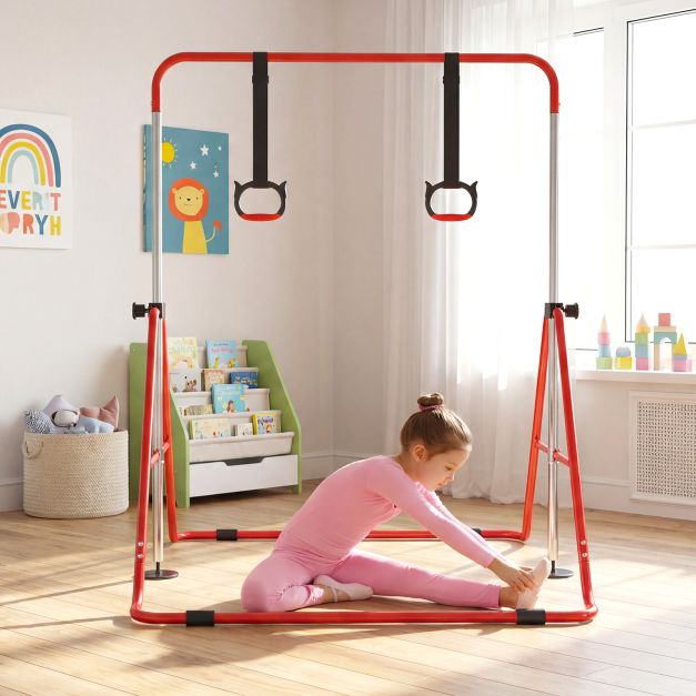 Vaikų sulankstoma gimnastikos juosta su 4 aukščio lygiais ir žiedais, raudona - Image 6