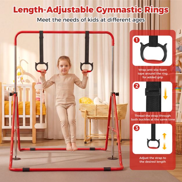 Vaikų sulankstoma gimnastikos juosta su 4 aukščio lygiais ir žiedais, raudona - Image 7