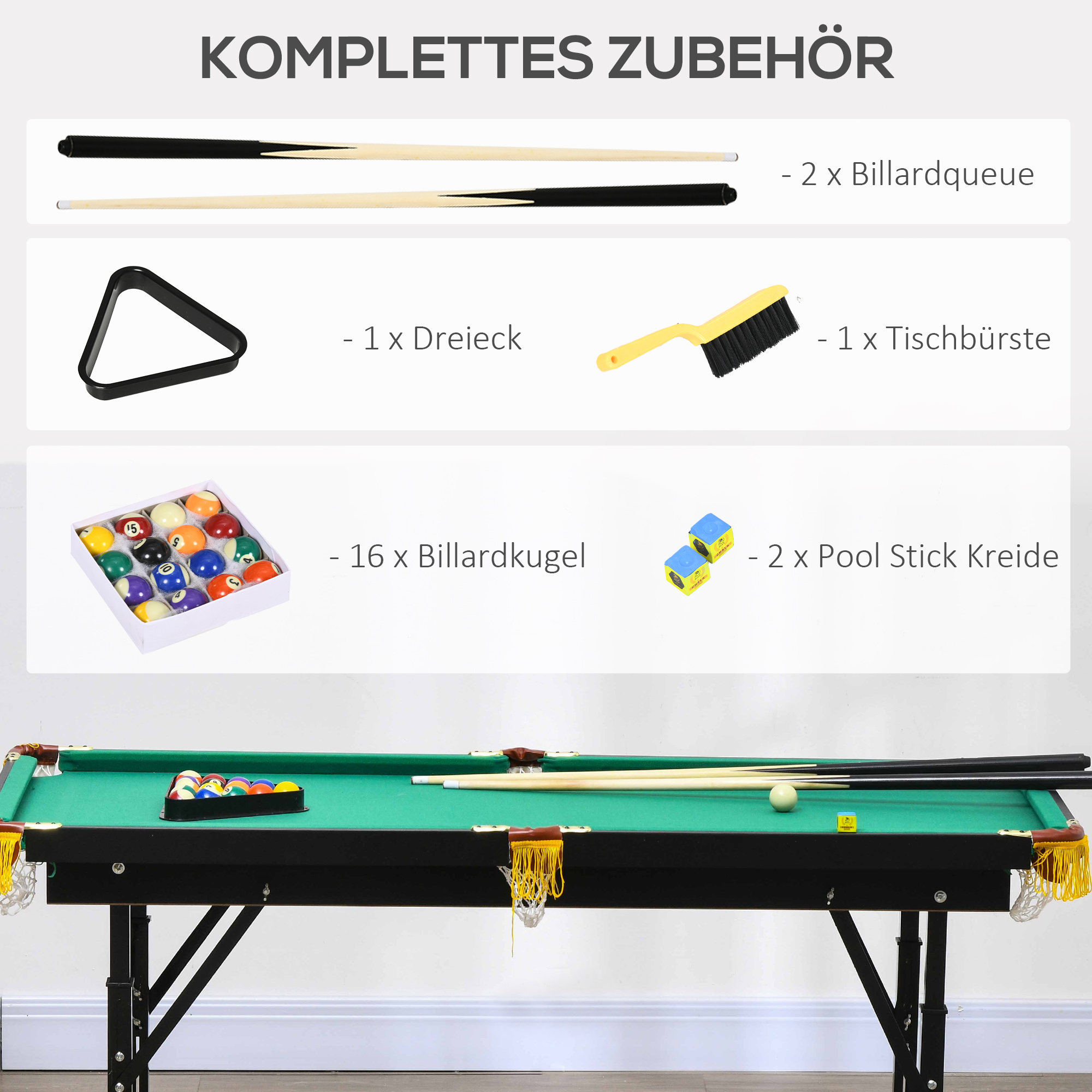 Salokāms biljarda galds ar regulējamu augstumu, zaļš, 140 x 63 x 55-75 cm, ar 2 nūjām un 16 bumbām - Image 6