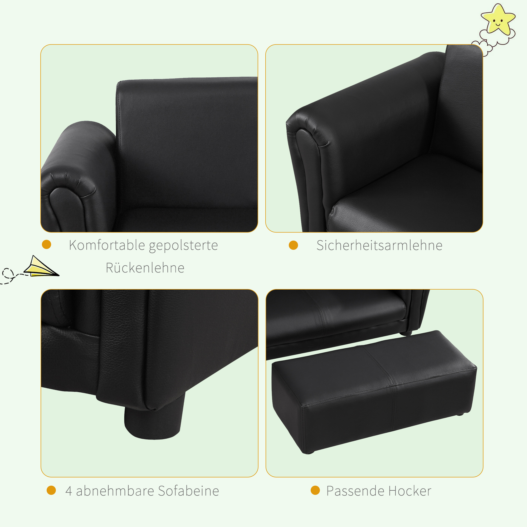 Laste diivan koos tumbaga, 2-osaline komplekt, must, 83 x 42 x 41 cm - Image 7
