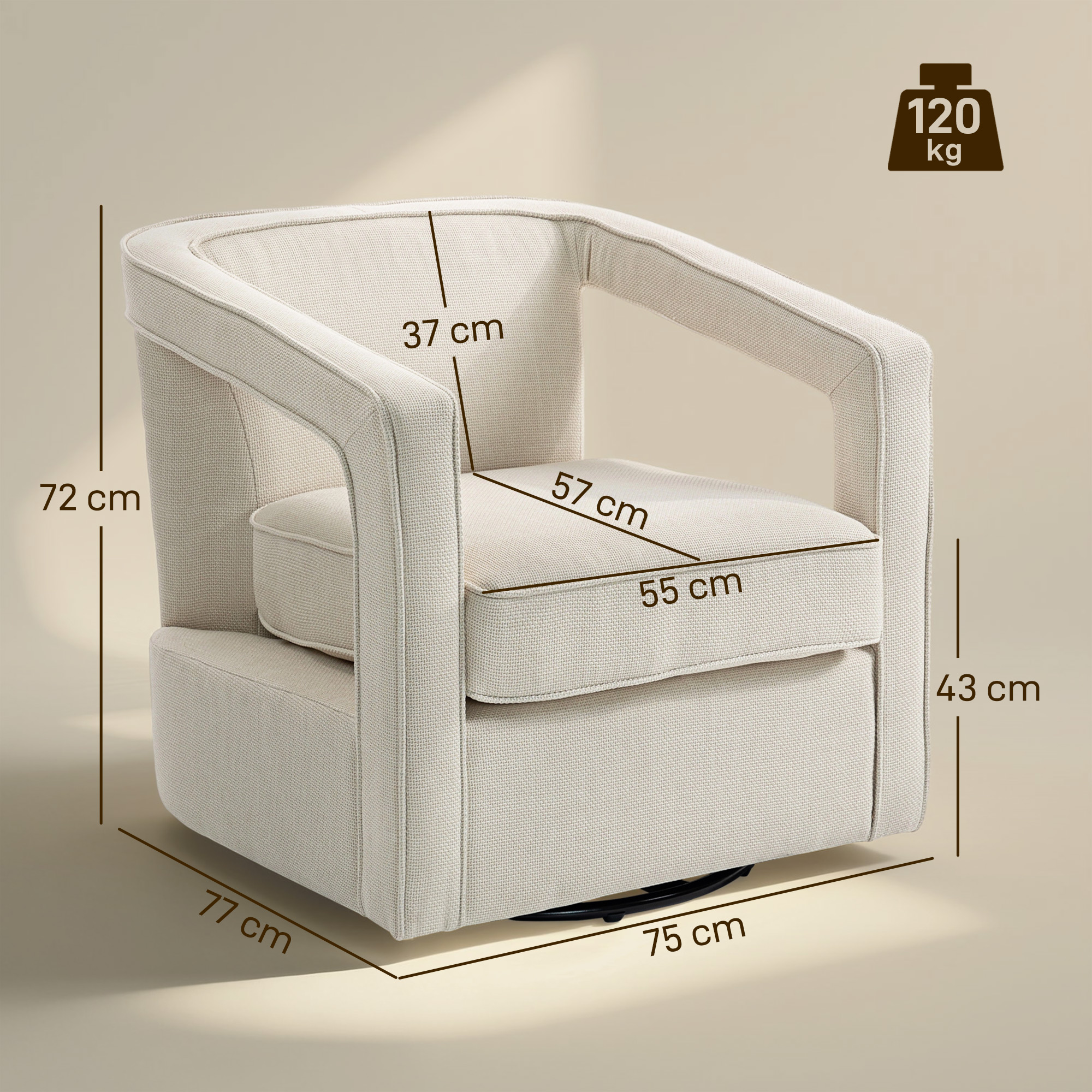 Kääntyvä lounge-tuoli, beige, 75 x 77 x 72 cm - Image 3