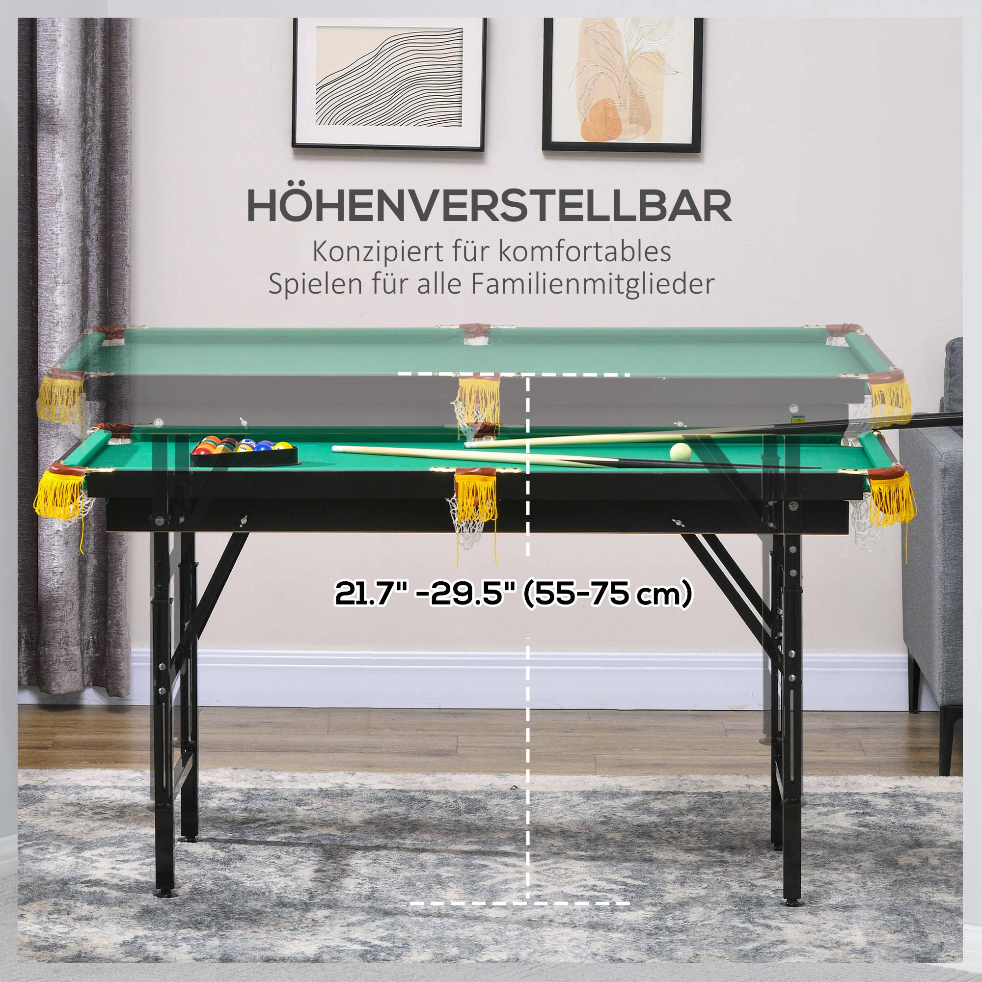 Salokāms biljarda galds ar regulējamu augstumu, zaļš, 140 x 63 x 55-75 cm, ar 2 nūjām un 16 bumbām - Image 4