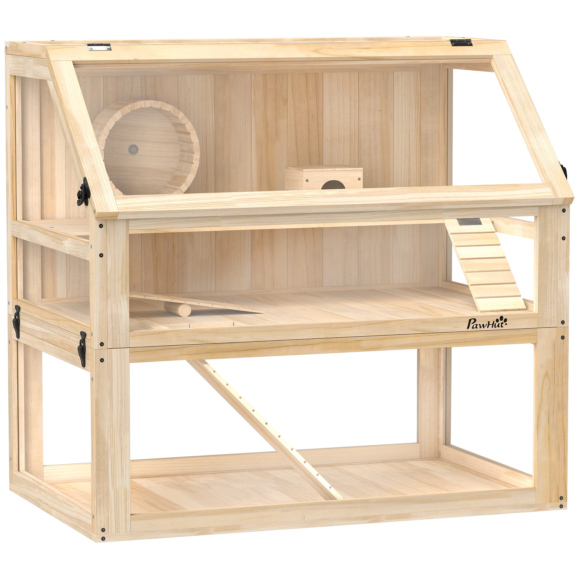 Puinen hamsterin häkki 3 tasolla, nagarium, juoksupyörällä, luonnonpuu, 80 x 50 x 76 cm