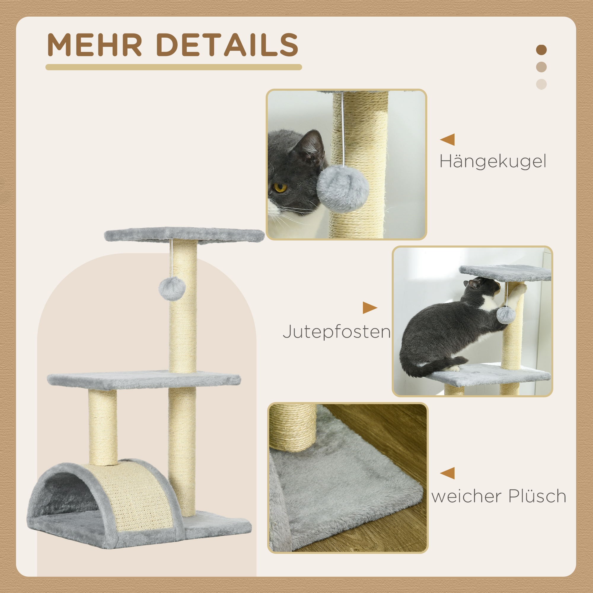 Kissan kiipeilypuu 72 cm, vaaleanharmaa, MDF, sisal - Image 5