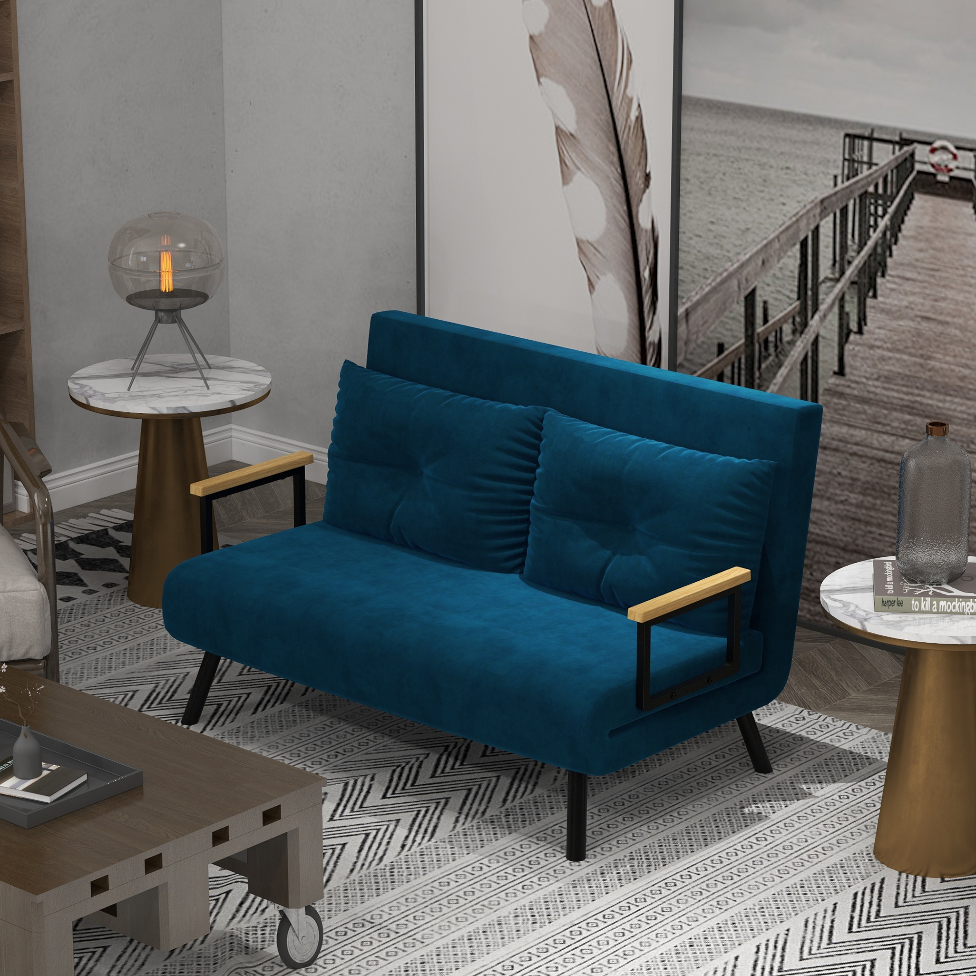 Miegamoji sofa, 2 vietų sofa, aksomo išvaizda, mėlyna, 2 pagalvės - Image 2