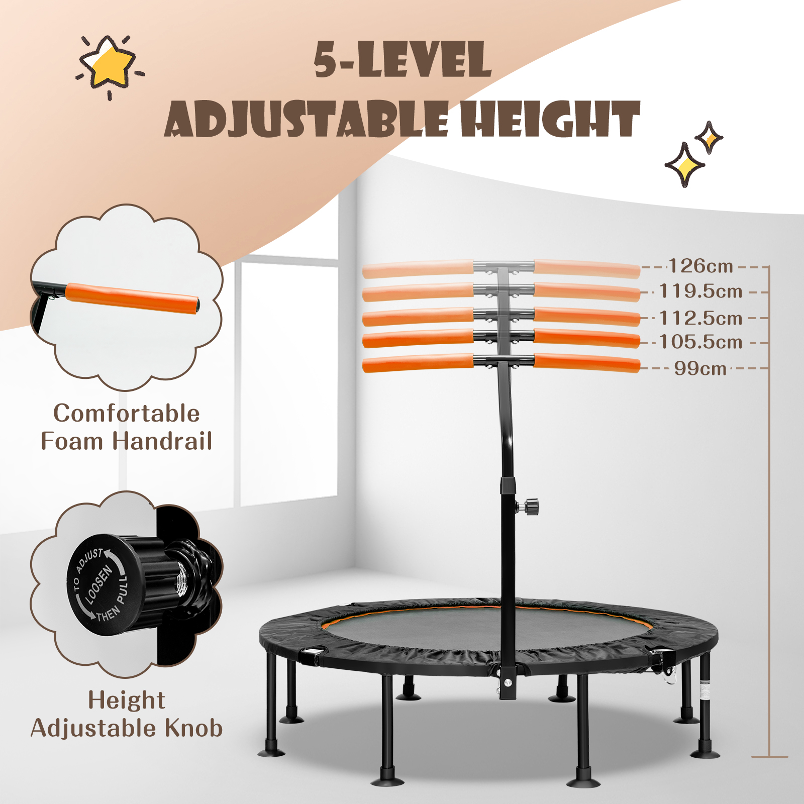110cm Mini Trampoliin Reguleeritava Käepidemega, Oranž - Image 5