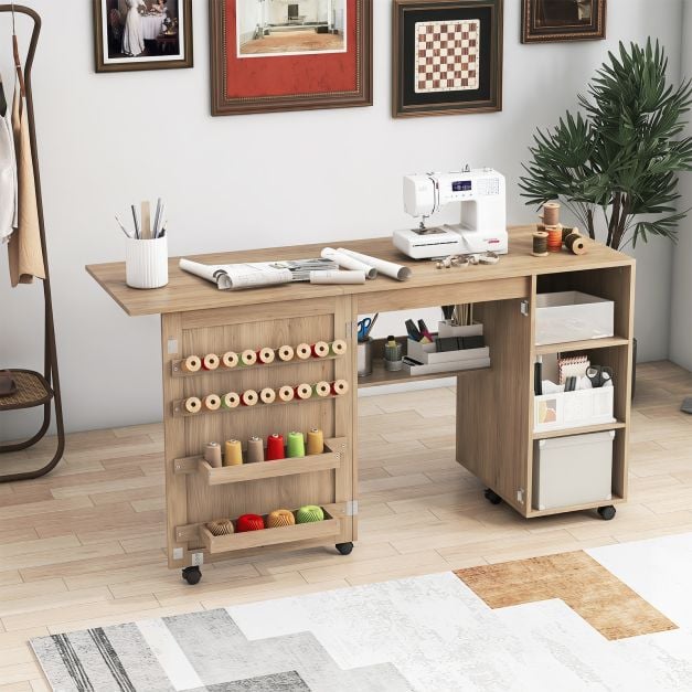 Sulankstomas siuvimo stalas / darbo stalas, rudas, MDF, 146 x 50 x 78 cm - Image 4
