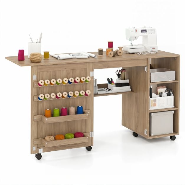 Sulankstomas siuvimo stalas / darbo stalas, rudas, MDF, 146 x 50 x 78 cm - Image 8