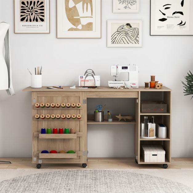 Sulankstomas siuvimo stalas / darbo stalas, rudas, MDF, 146 x 50 x 78 cm - Image 7