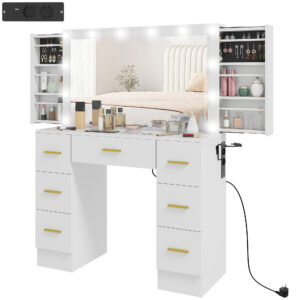 Kosmetinis staliukas su veidrodžiu ir 12 LED lempų, baltas, 100 x 40 x 137 cm