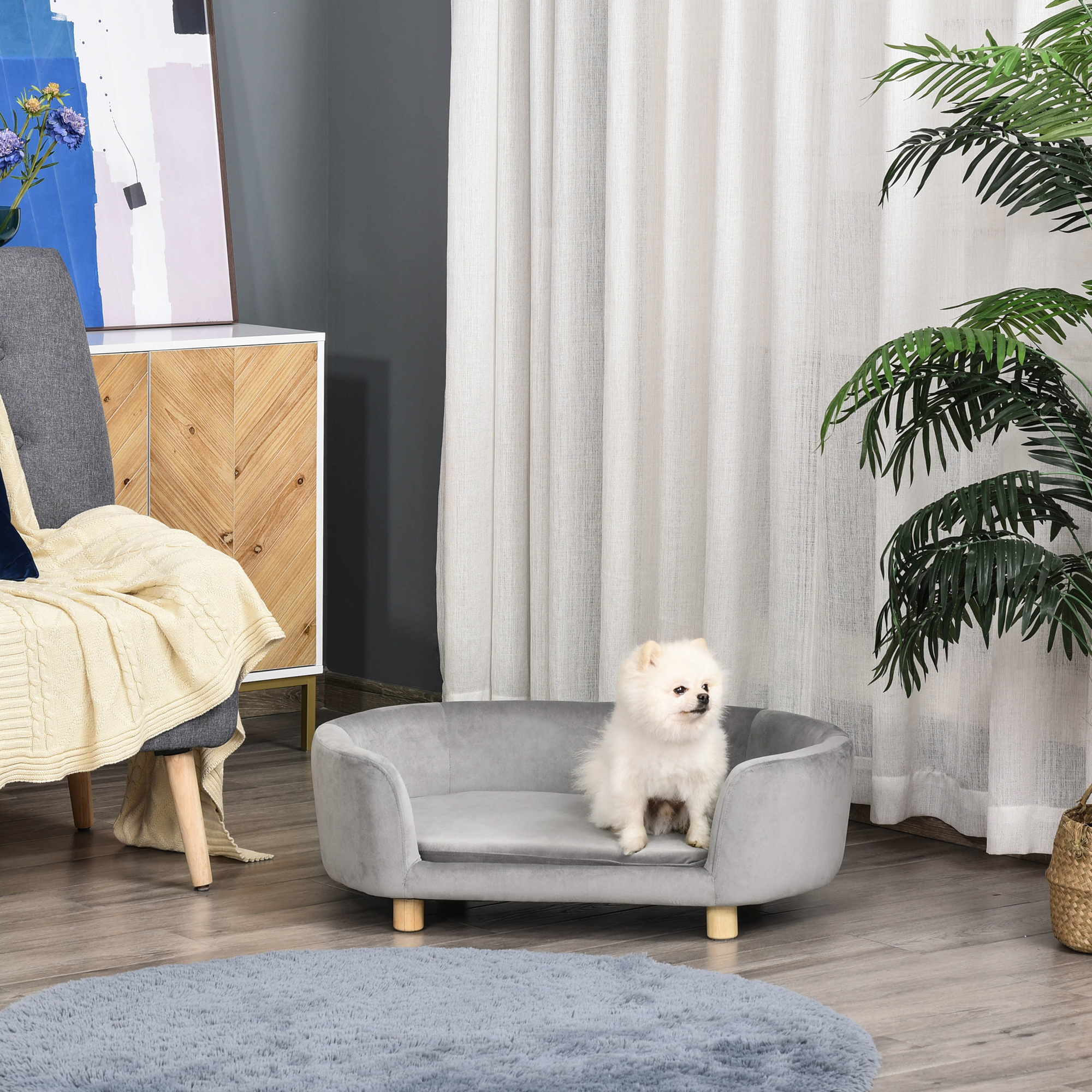 Mājdzīvnieku sofa gulta gaiši pelēka, Dutch velvet, bērza kājas, 86 x 55 x 33 cm - Image 2