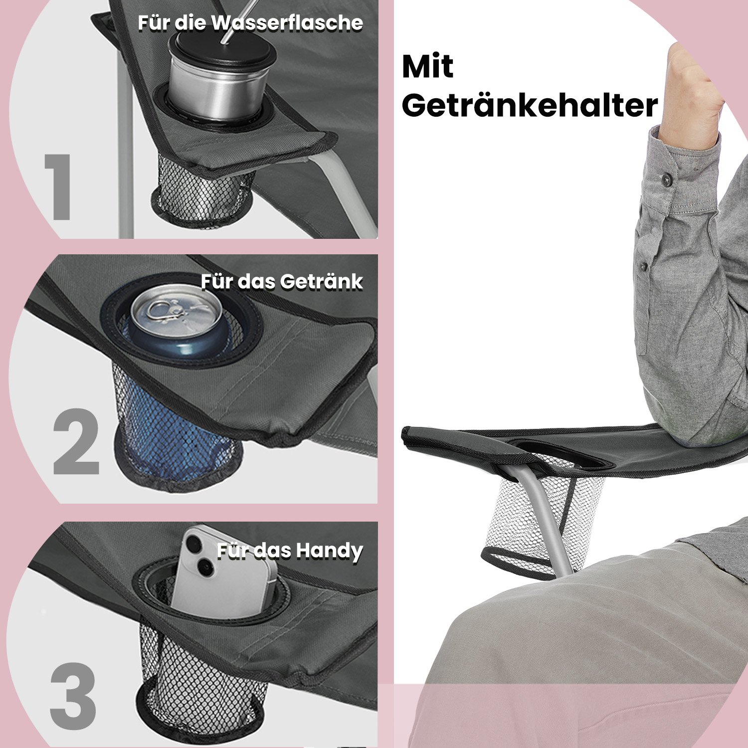 Retkituolisarja 2 kpl, kokoontaitettavat tuolia käsinojilla ja mukitelineellä, liuskekivenharmaa - Image 4