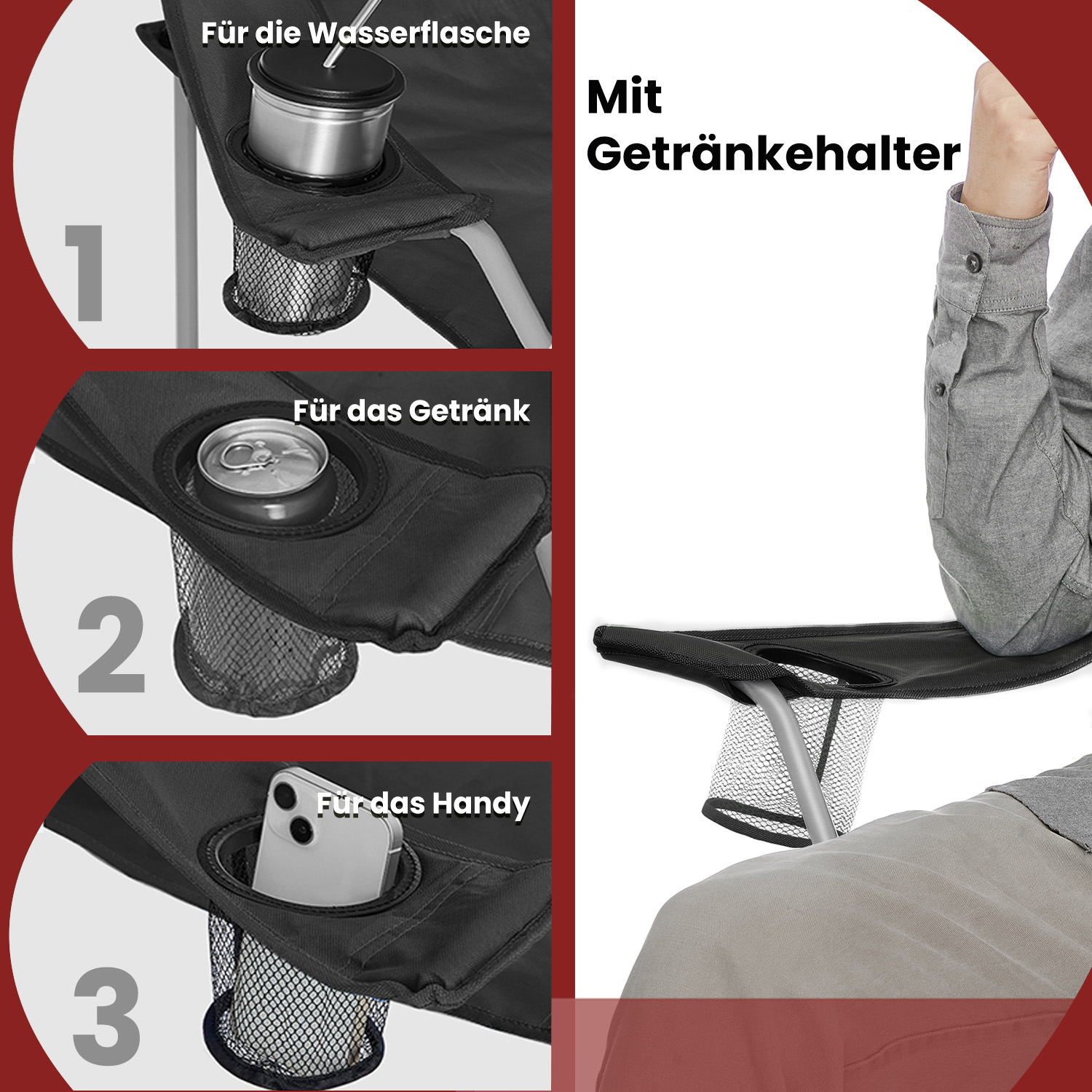 Saliekami kempinga krēsli, 2 gab., ar roku balstiem un dzēriena turētāju, melni - Image 4