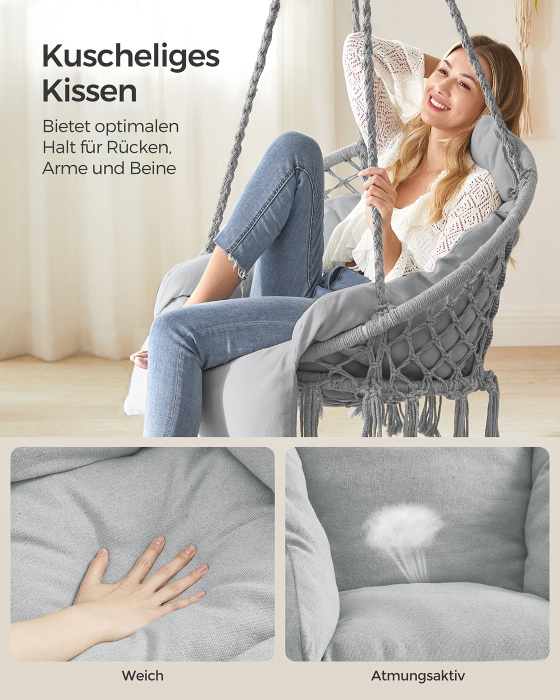 Pakabinama kėdė su stora pagalve, pilkai rusva, plienas ir audinys, 113 cm - Image 3
