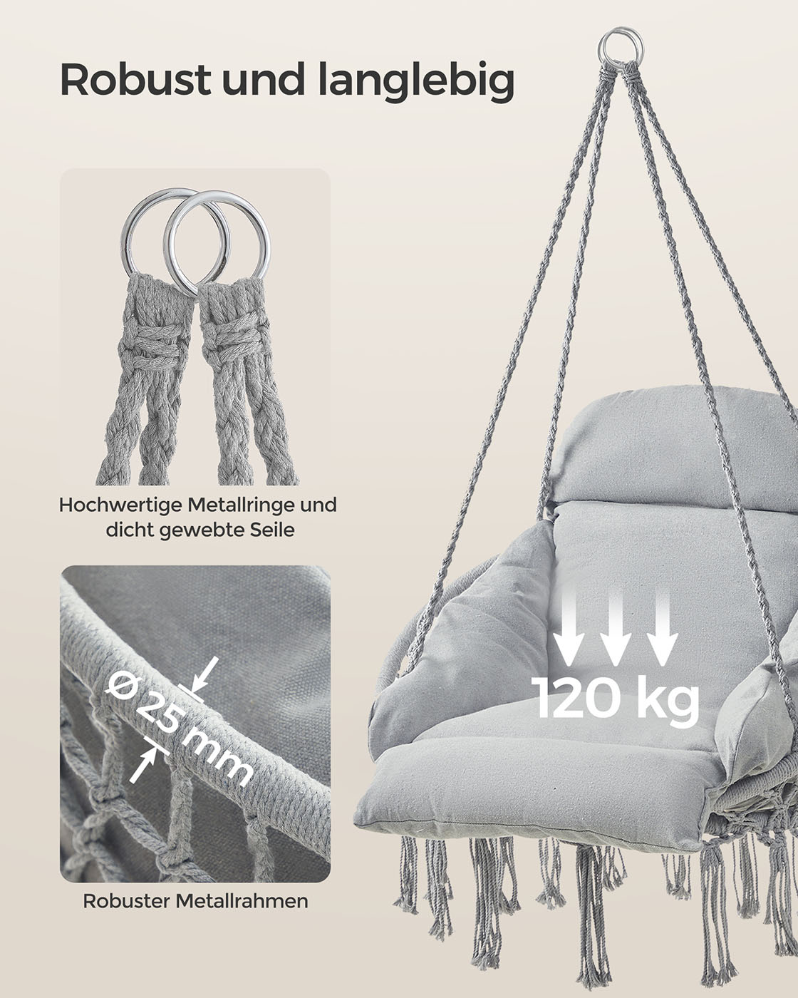 Pakabinama kėdė su stora pagalve, pilkai rusva, plienas ir audinys, 113 cm - Image 4