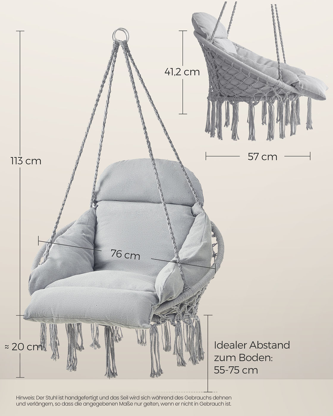 Pakabinama kėdė su stora pagalve, pilkai rusva, plienas ir audinys, 113 cm - Image 5