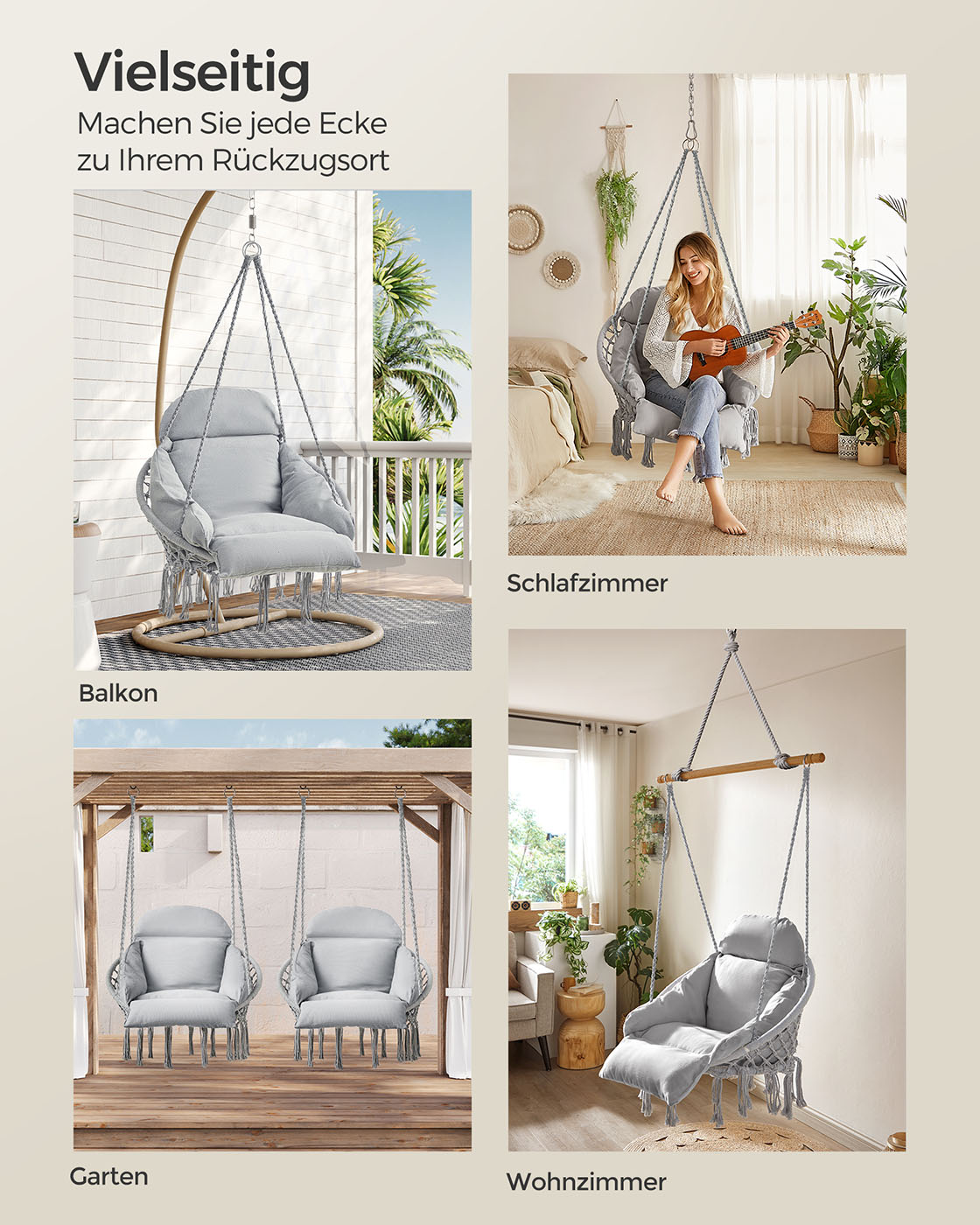 Pakabinama kėdė su stora pagalve, pilkai rusva, plienas ir audinys, 113 cm - Image 7