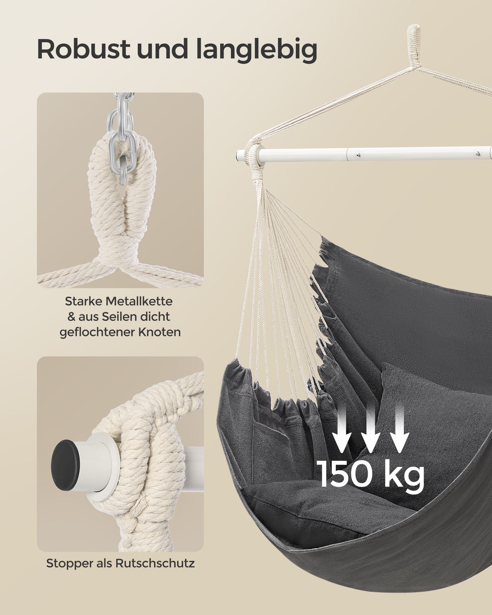 Riipputuoli 2 tyynyllä ja metalliketjulla, liuskekivenharmaa, 140 cm - Image 4