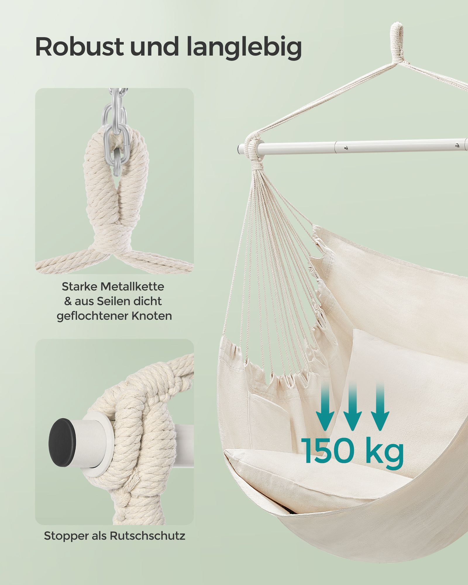Riipputuoli 2 tyynyllä ja metalliketjulla, luonnonvalkoinen, 140 cm - Image 4