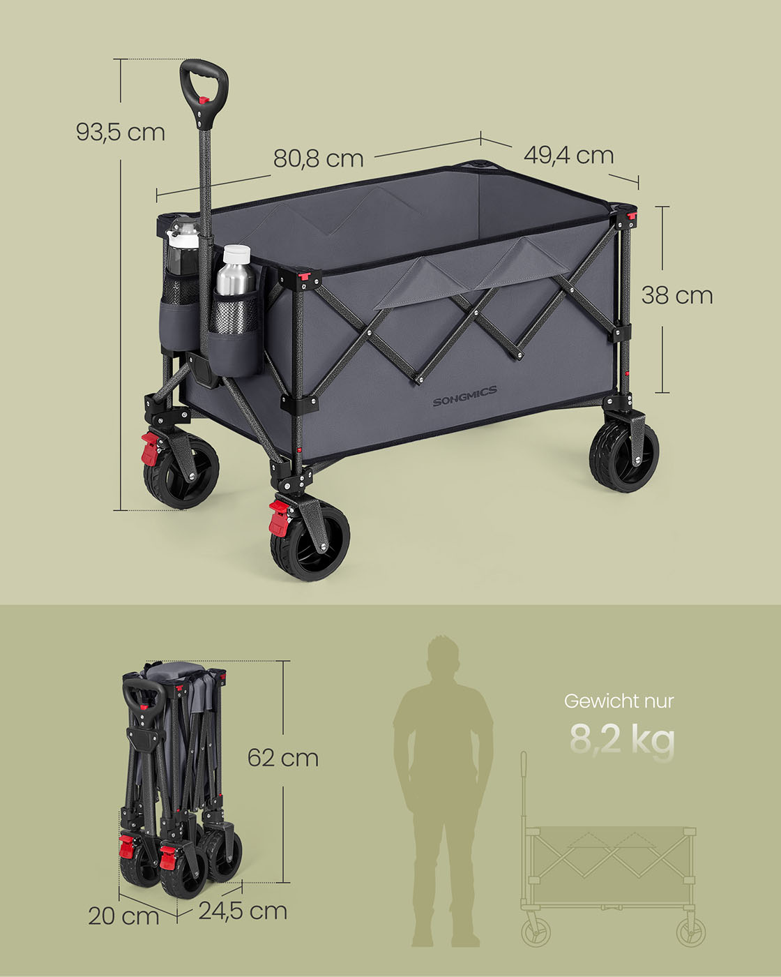 Kokoontaitettava vetokärry, 150 l, enint. 150 kg, 49,4 x 80,8 x 93,5 cm, liuskekivenharmaa - Image 6