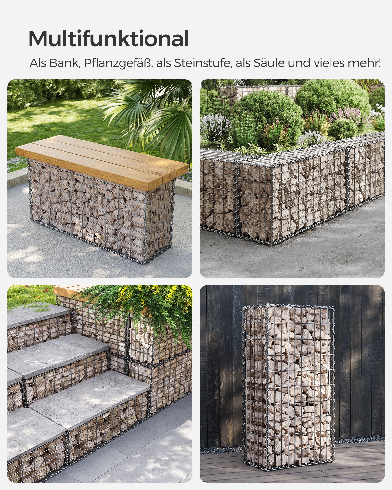 Taisnstūra akmeņu gabions, cinkots tērauds, sudraba krāsā, 100 x 50 x 30 cm - Image 8