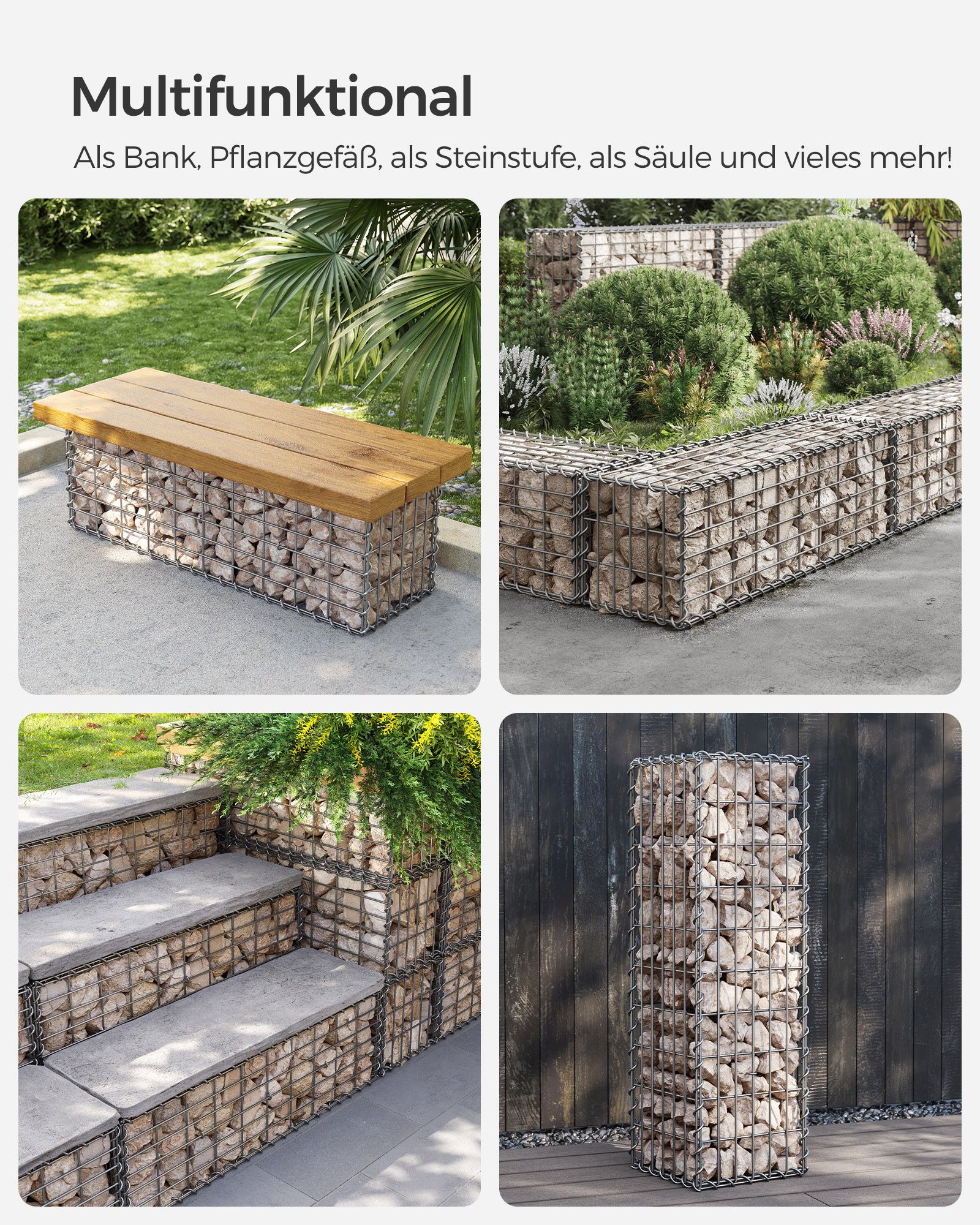 Gabionikori, 3 kpl, 100 x 30 x 30 cm, galvanoitu terästä, hopea - Image 8