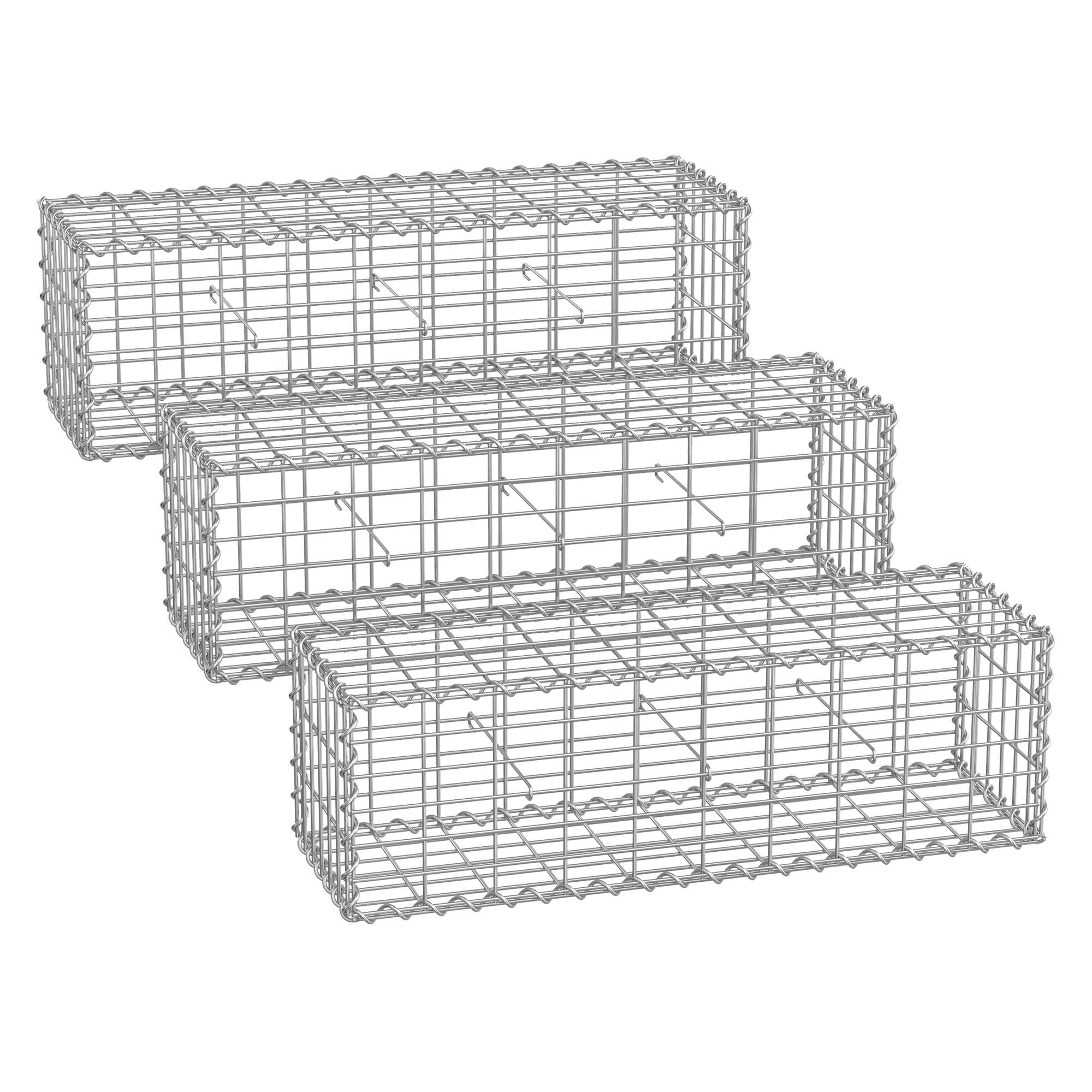 Gabionų krepšių rinkinys, 3 vnt., 100 x 30 x 30 cm, cinkuotas plienas, sidabrinis - Image 3