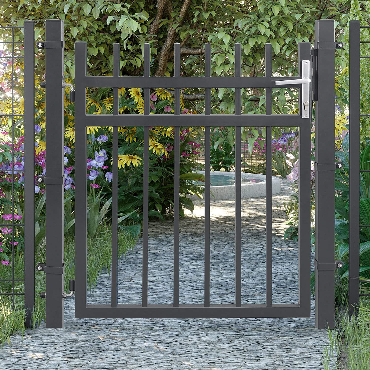Metallinen puutarhaportti, harmaa, 106 x 6 x 145 cm, lukolla, kahvalla ja avaimilla - Image 2