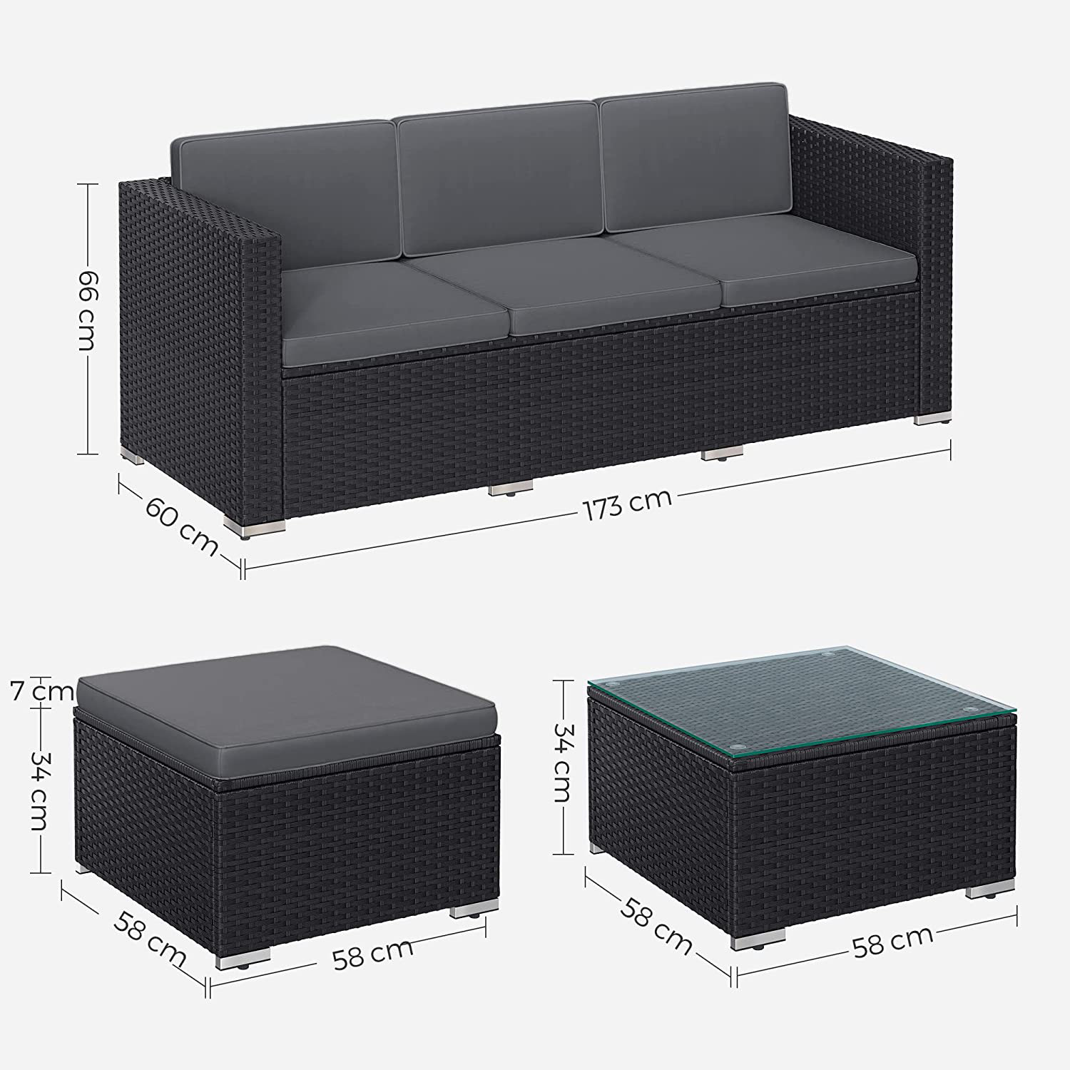 Lauko baldų komplektas, 3 dalių, su pagalvėlėmis ir stikliniu staliuku, juodai pilkas - Image 3