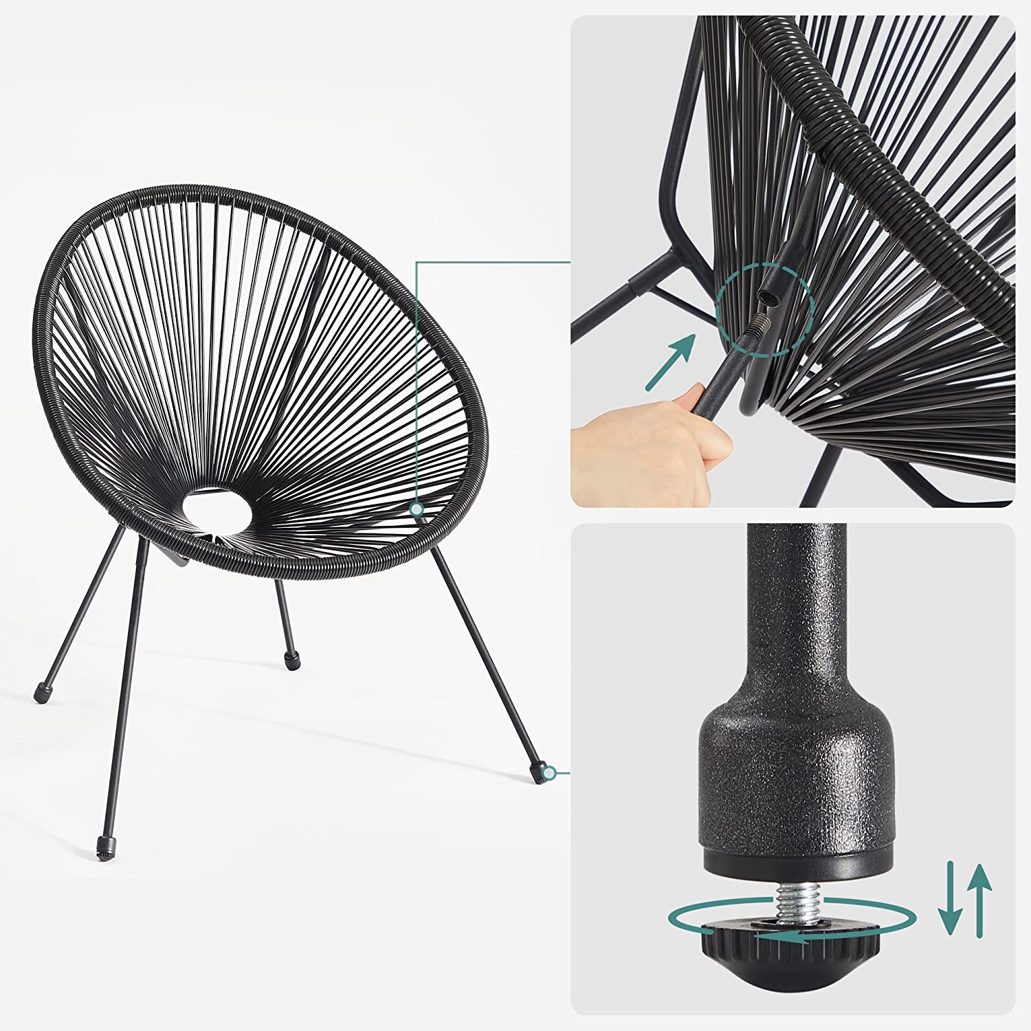 Puutarhatuolisarja pöydällä, 3-osainen, musta, teräs/PE, lasinen pöytätaso - Image 7