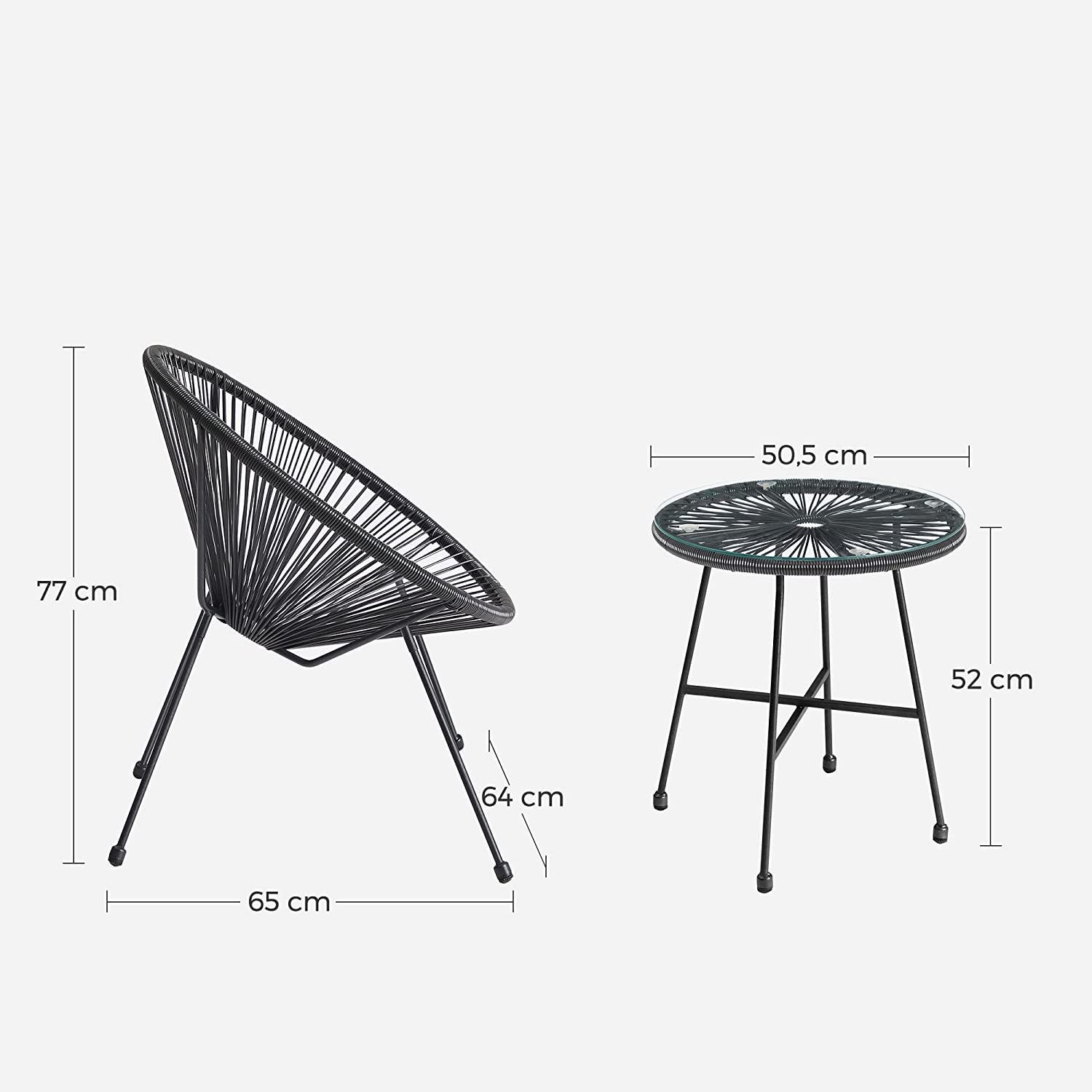 Puutarhatuolisarja pöydällä, 3-osainen, musta, teräs/PE, lasinen pöytätaso - Image 2
