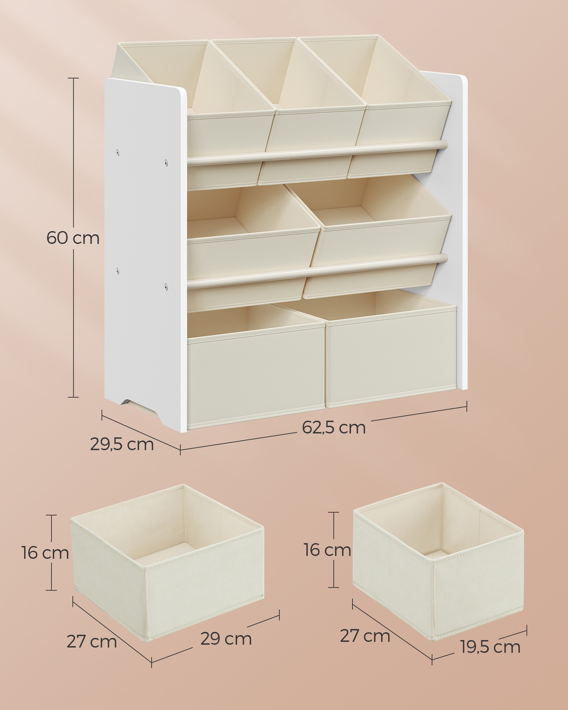 Vaikiška žaislų lentyna su 7 dėžėmis, MDF ir neaustinis audinys, 29,5 x 62,5 x 60 cm, balta - Image 6