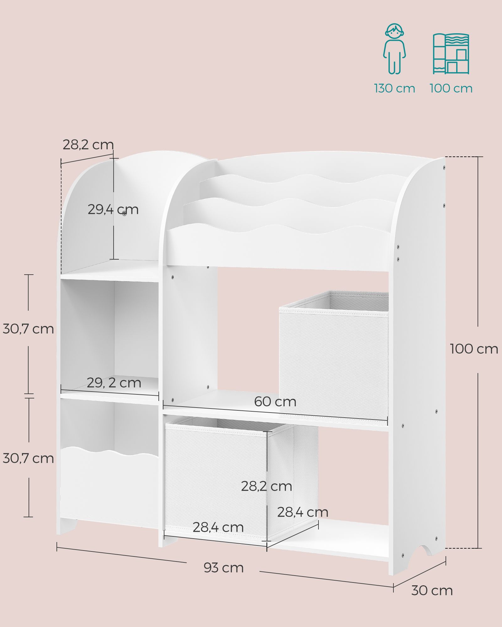 Vaikiška knygų lentyna su 2 dėžėmis, balta, 30 x 93 x 100 cm - Image 6