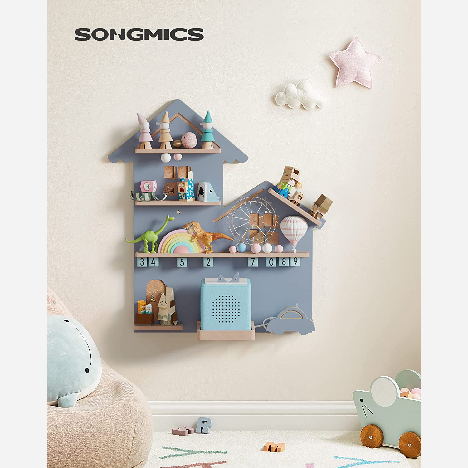 Sieninė lentyna muzikos dėžutei vaikams, 35 figūrėlėms, pilka, 18 x 55,6 x 59,7 cm - Image 2