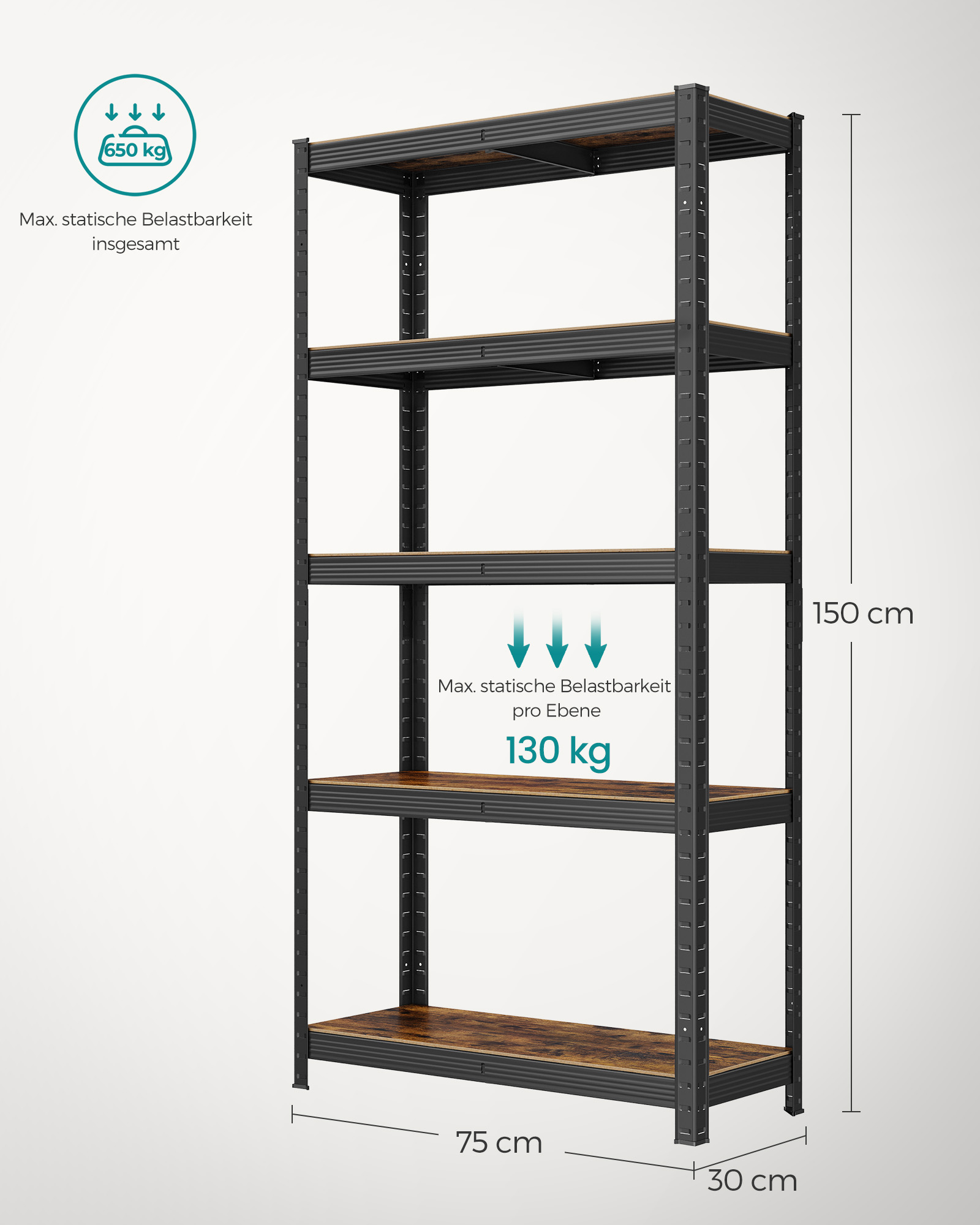Vapaasti seisova hylly, 2 kpl setti, 150 x 75 x 30 cm, 5 hyllytasoa, musta, vintage-ruskea - Image 7