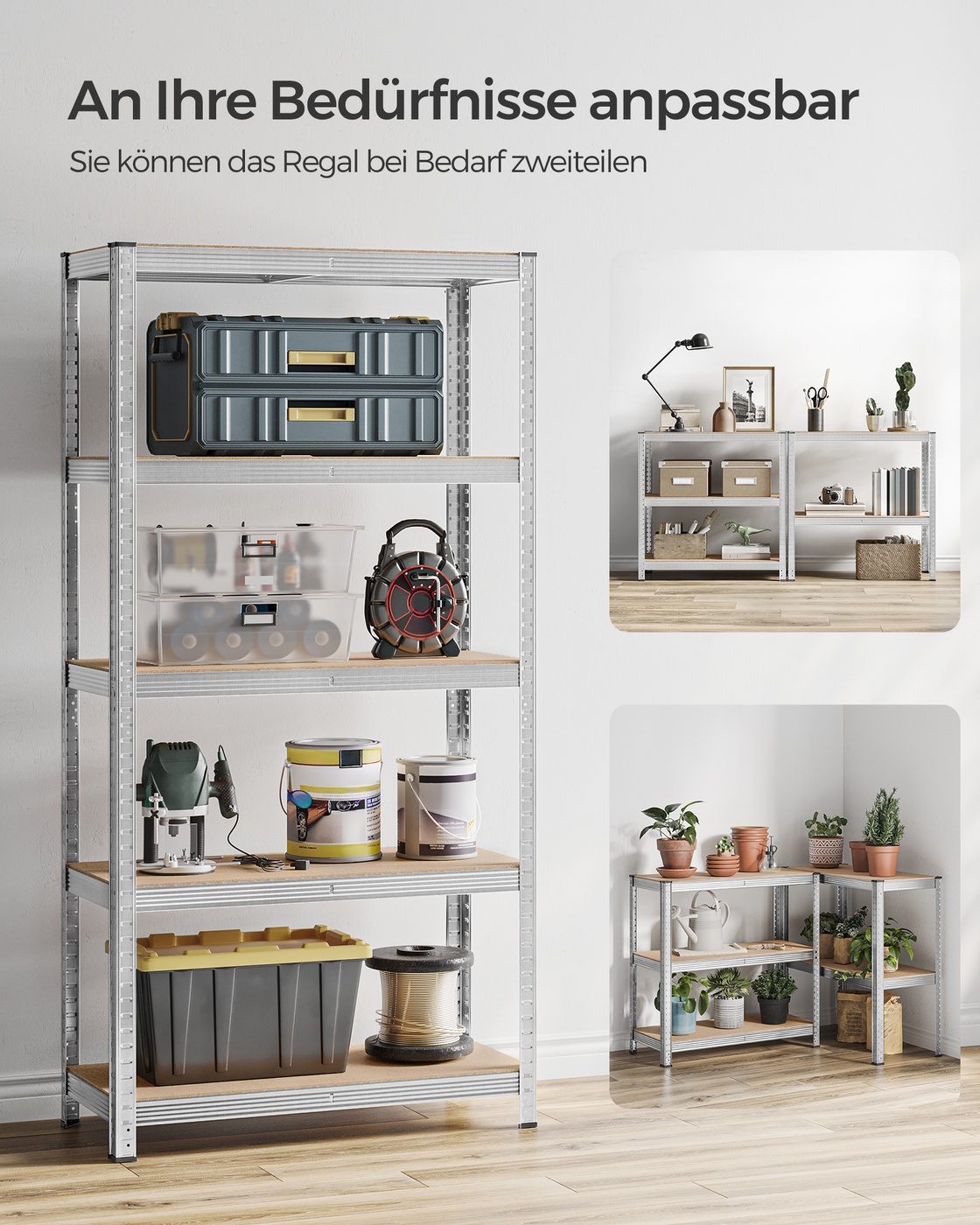 Uzglabāšanas plauktu komplekts, 2 gab., 180 x 90 x 40 cm, tērauds un MDF, sudraba krāsā - Image 6