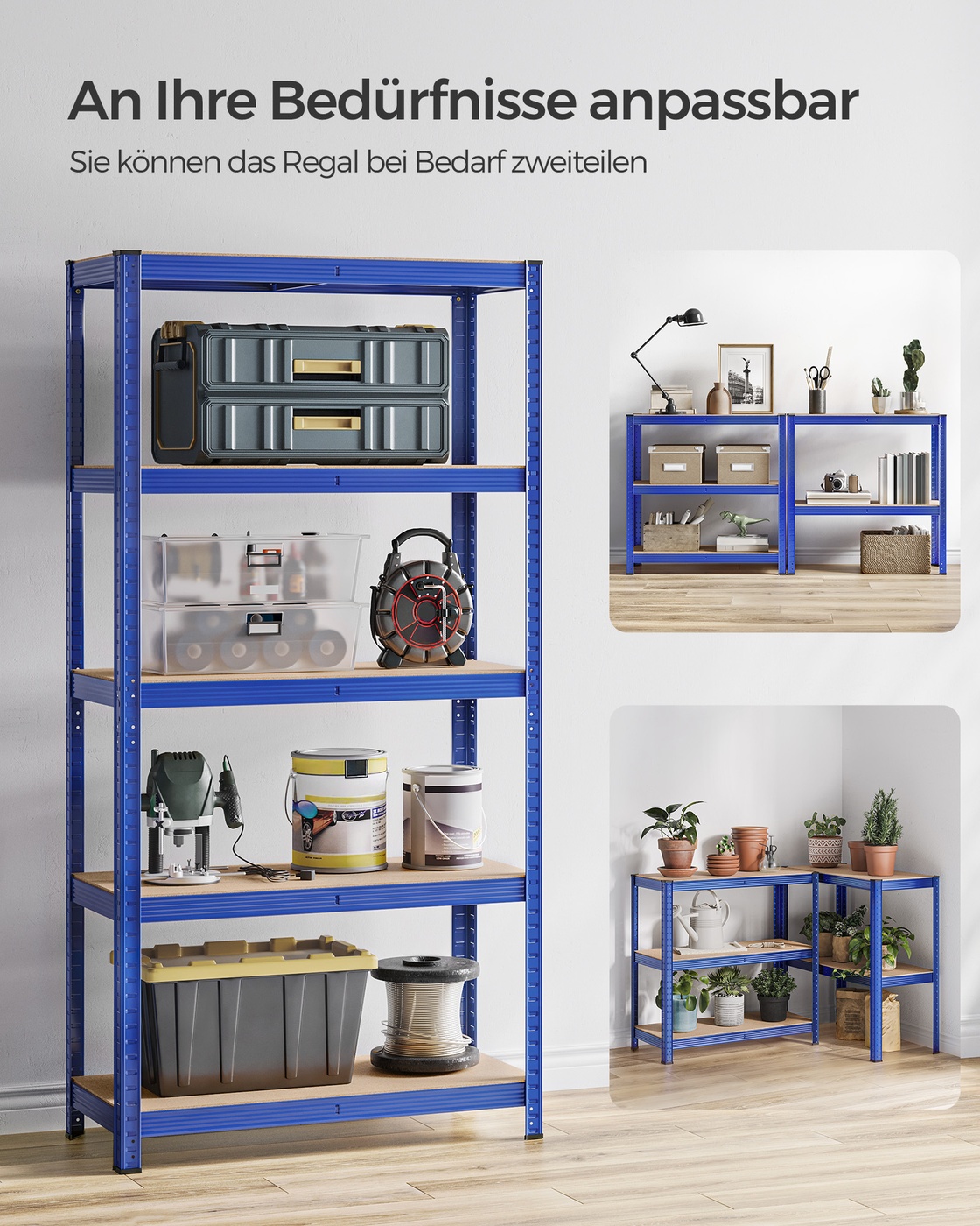 Sandėliavimo lentynos, 2 vnt., 180 x 90 x 40 cm, mėlynos, plienas ir MDF, 5 reguliuojamos lentynos - Image 6