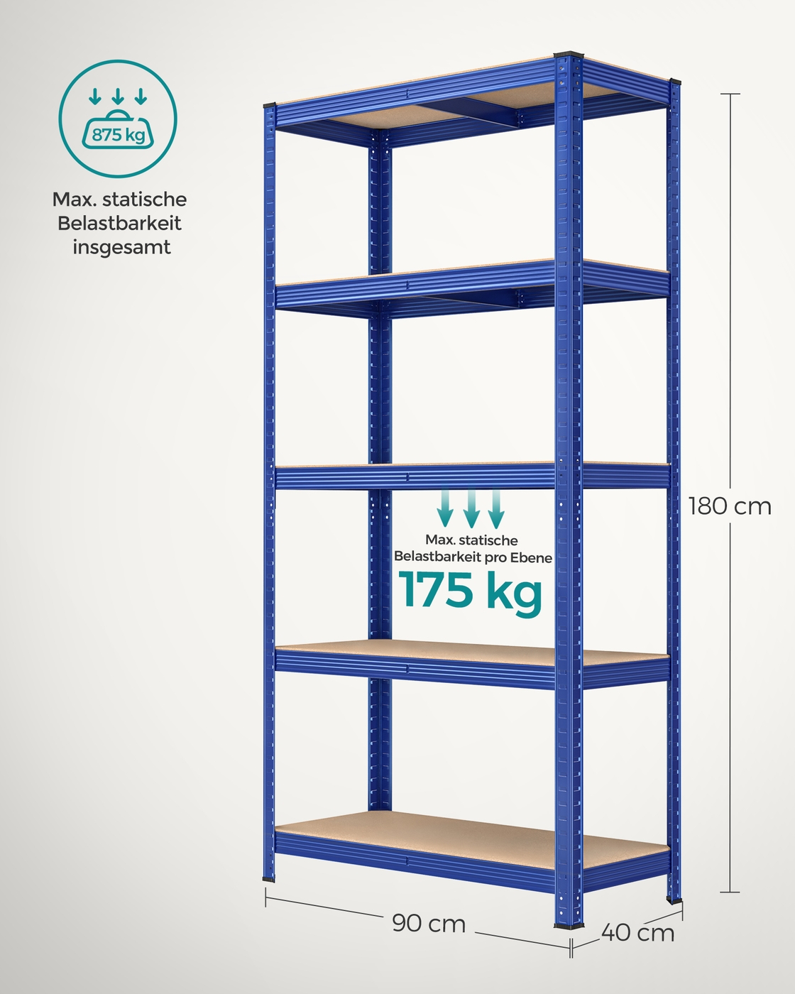 Sandėliavimo lentynos, 2 vnt., 180 x 90 x 40 cm, mėlynos, plienas ir MDF, 5 reguliuojamos lentynos - Image 7