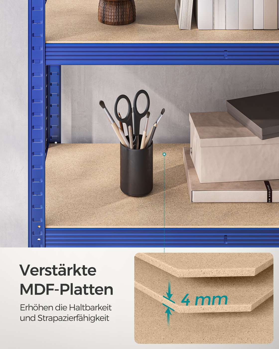 Sandėliavimo lentynos, 2 vnt., 180 x 90 x 40 cm, mėlynos, plienas ir MDF, 5 reguliuojamos lentynos - Image 8
