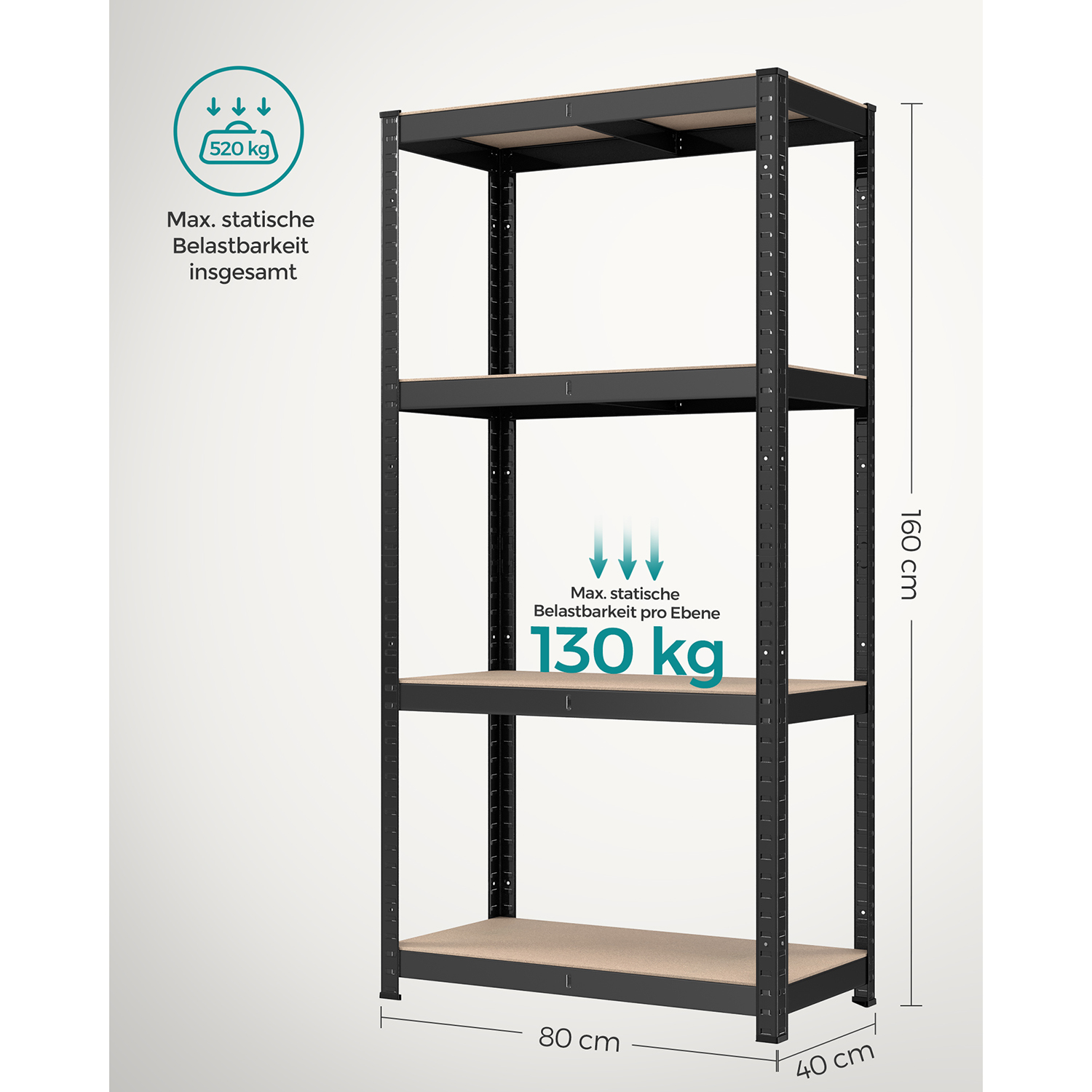 Metalinis sunkiasvoris stelažas su 4 lentynomis, juodas, 40 x 80 x 160 cm, iki 520 kg - Image 7