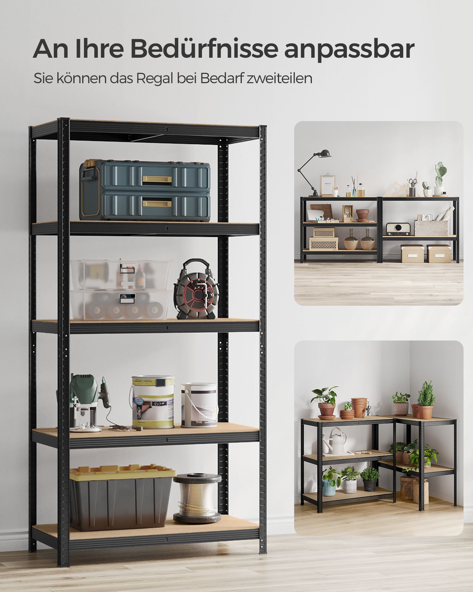 Uzglabāšanas plaukts, melns, tērauds un E1 MDF, 200 x 100 x 50 cm, 5 regulējami plaukti - Image 6
