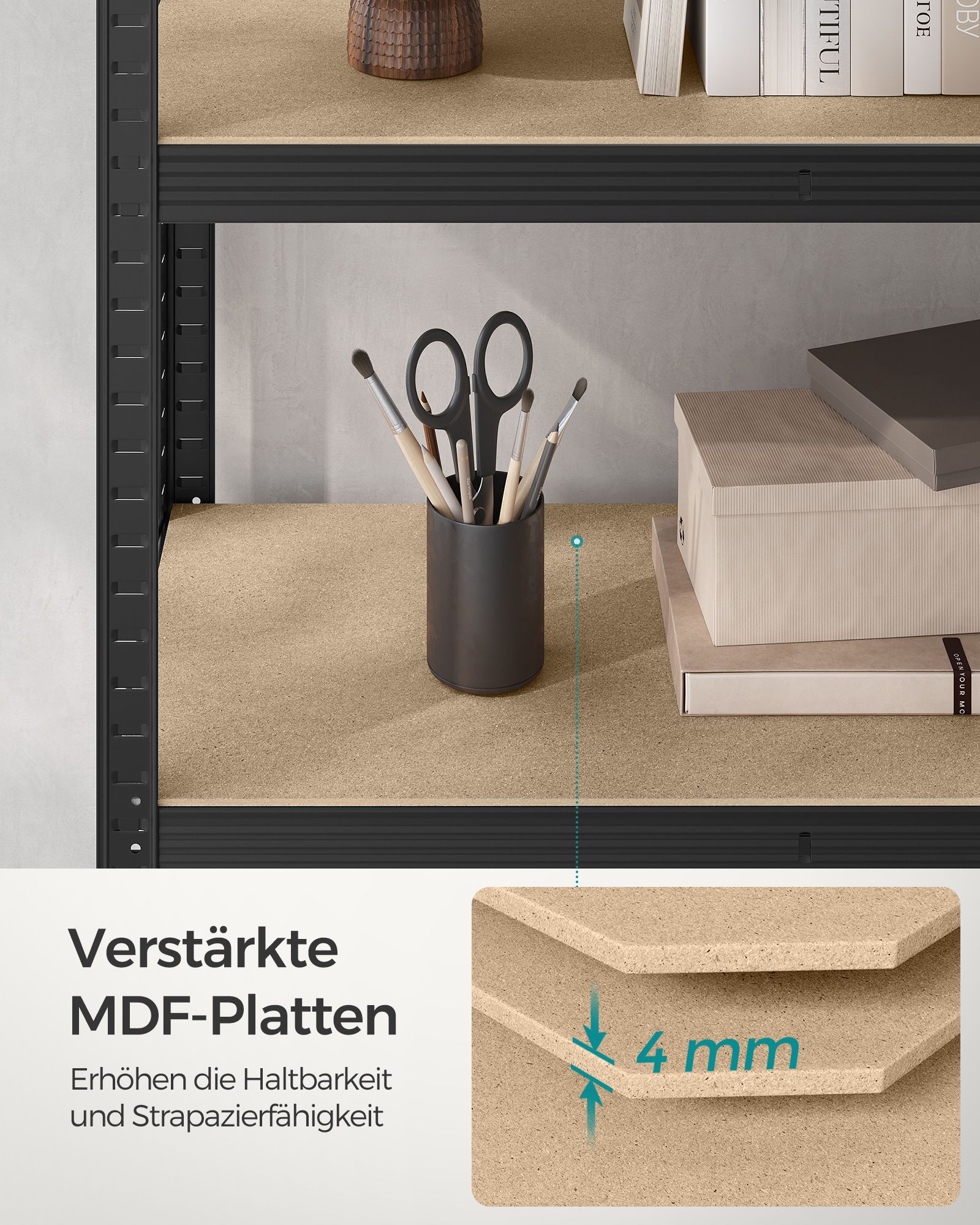 Uzglabāšanas plaukts, melns, tērauds un E1 MDF, 200 x 100 x 50 cm, 5 regulējami plaukti - Image 8