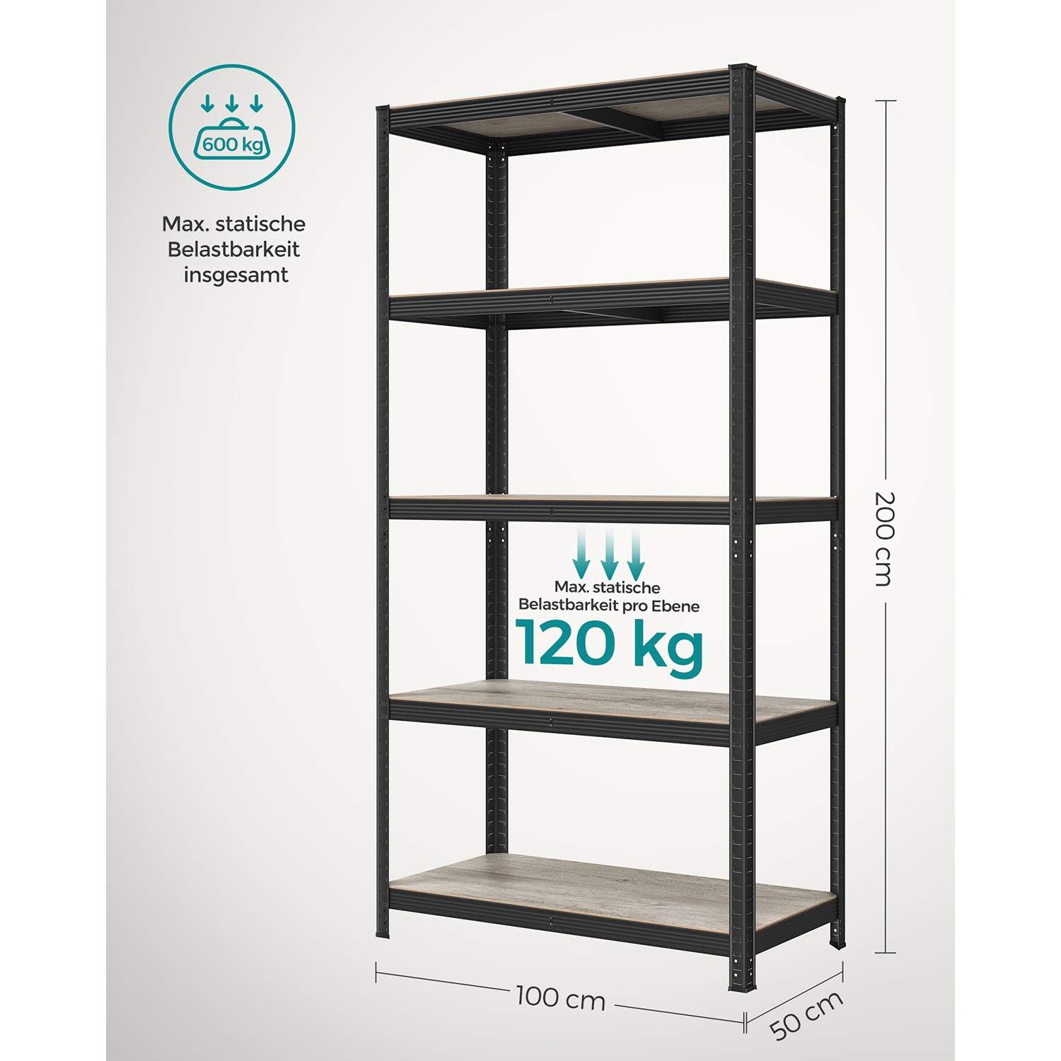 Sandėliavimo stelažas su 5 reguliuojamomis lentynomis, plienas ir MDF, 50 x 100 x 200 cm, pilkai juodas - Image 9