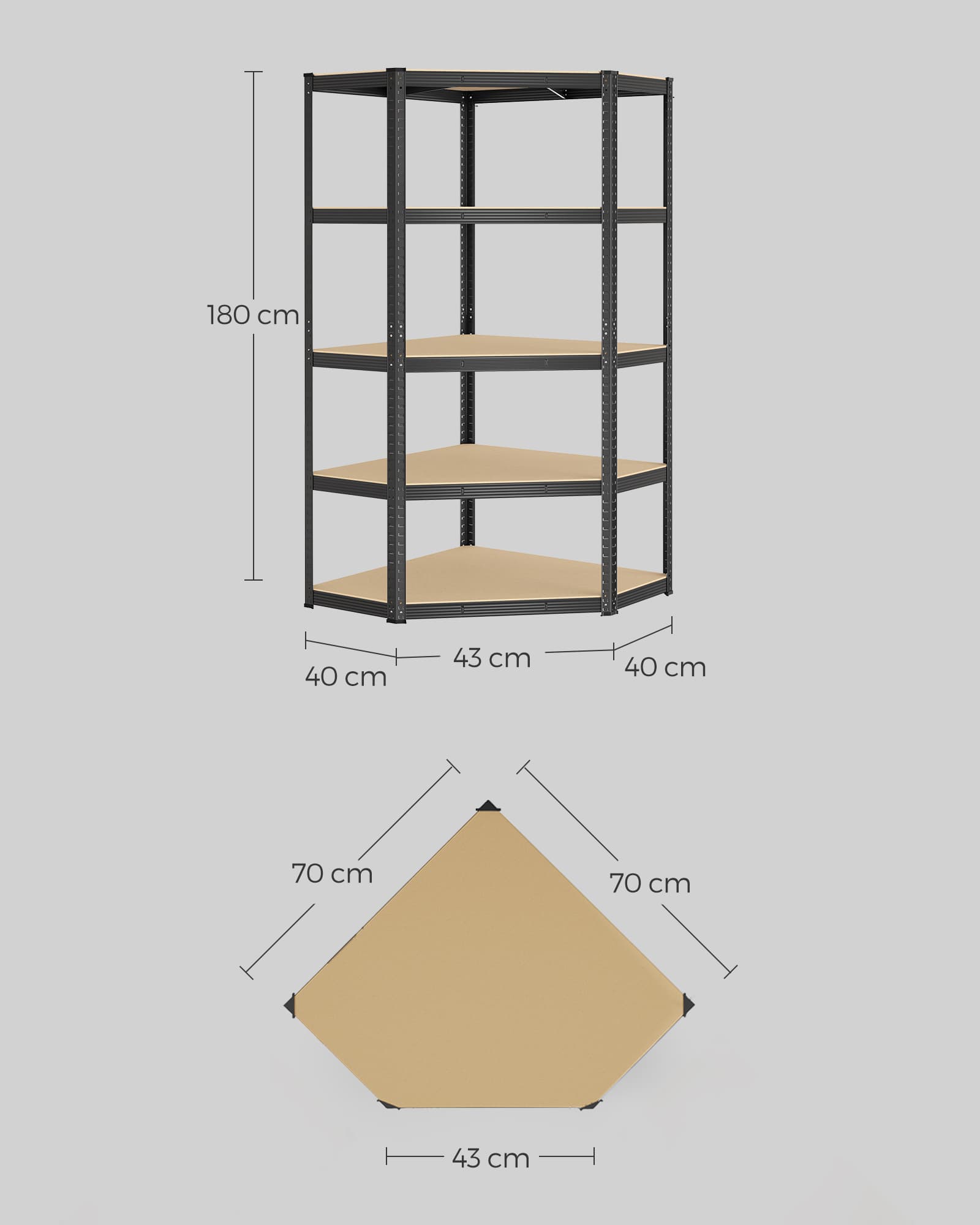Kampinė lentyna, 5 pakopų, plienas ir MDF, 90 x 90 x 180 cm, iki 875 kg, juoda-smėlio - Image 8