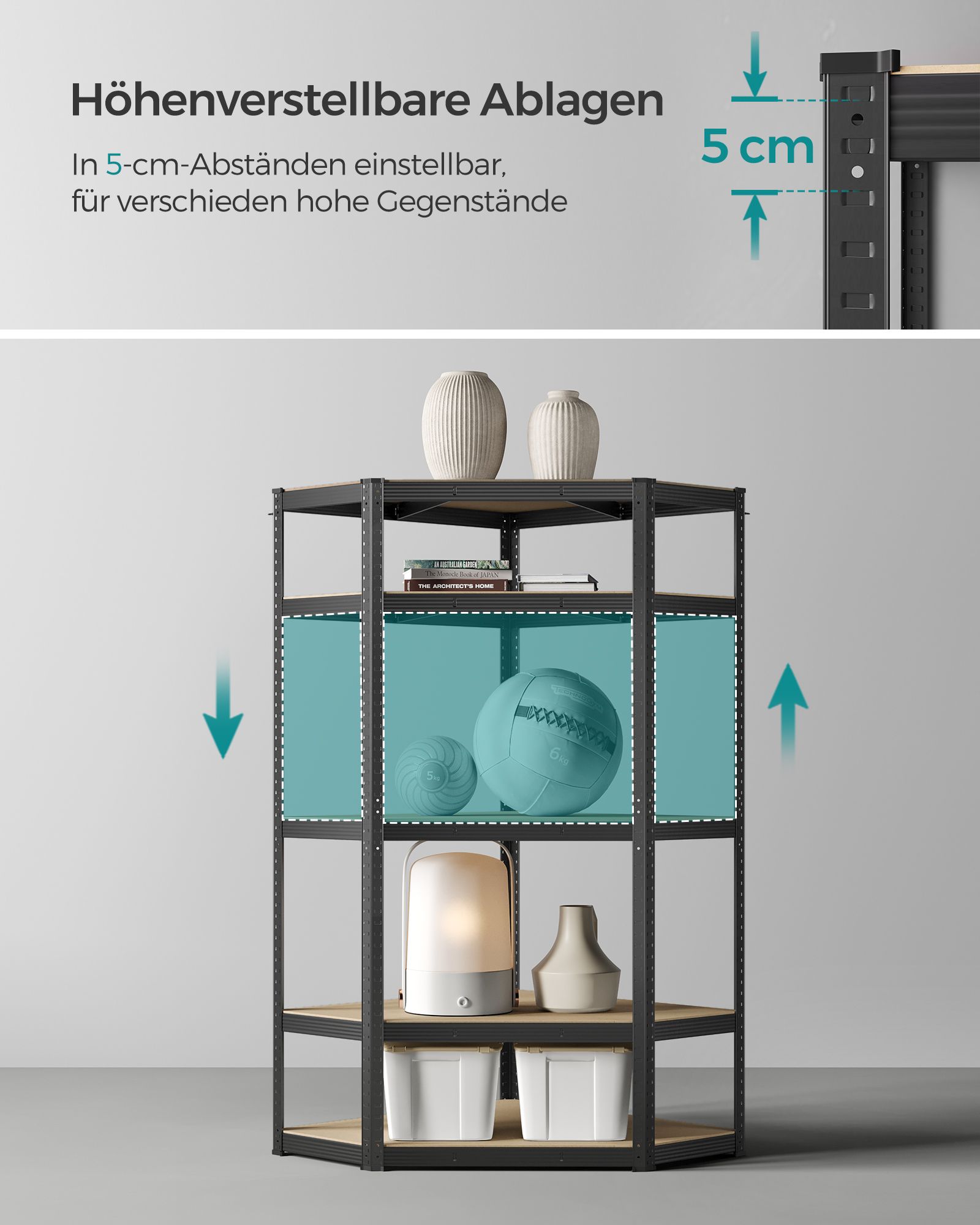 Kampinė lentyna, 5 pakopų, plienas ir MDF, 90 x 90 x 180 cm, iki 875 kg, juoda-smėlio - Image 7